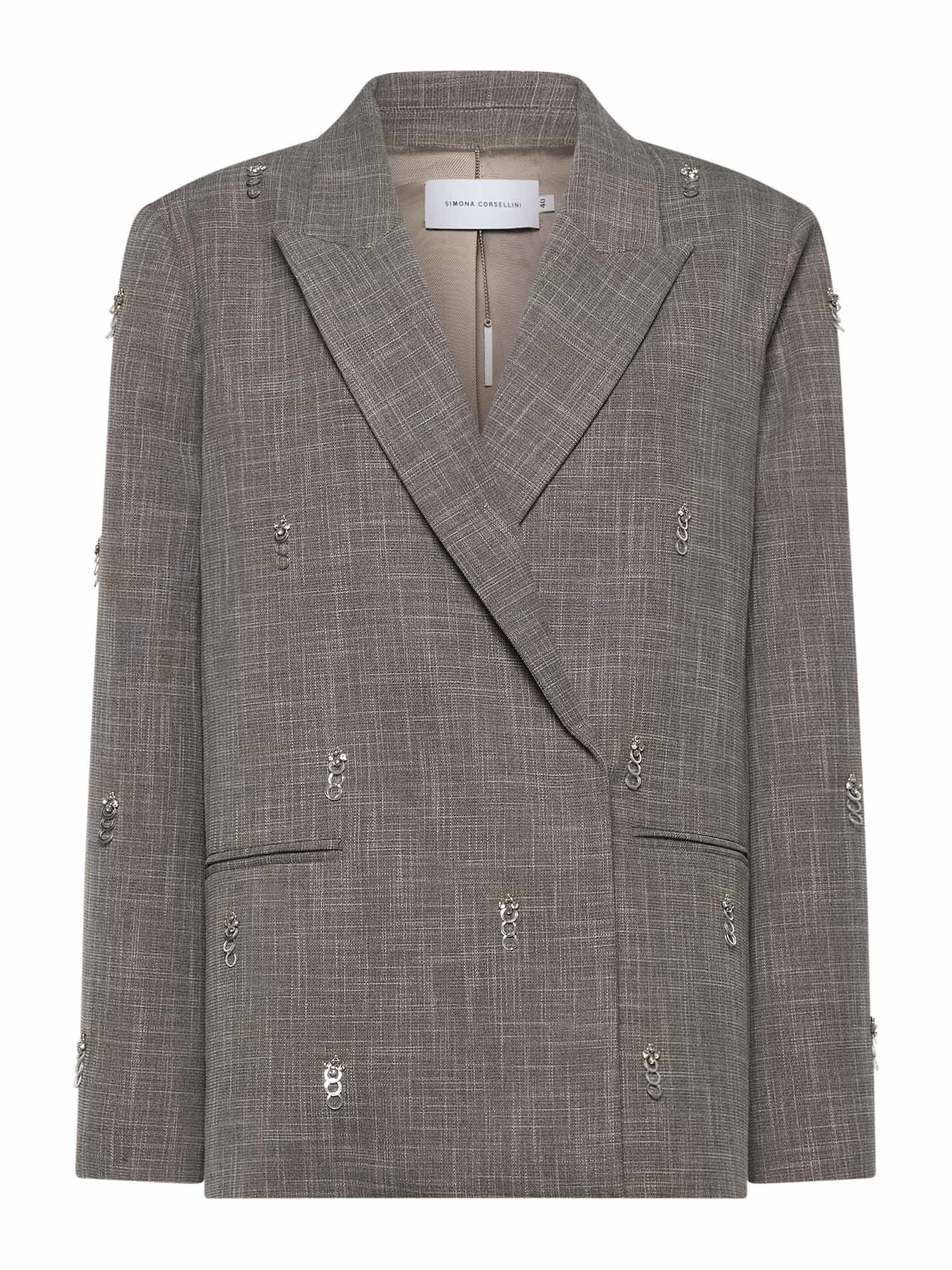 Oversized blazer with welt pockets and back strap in textured woven fabric