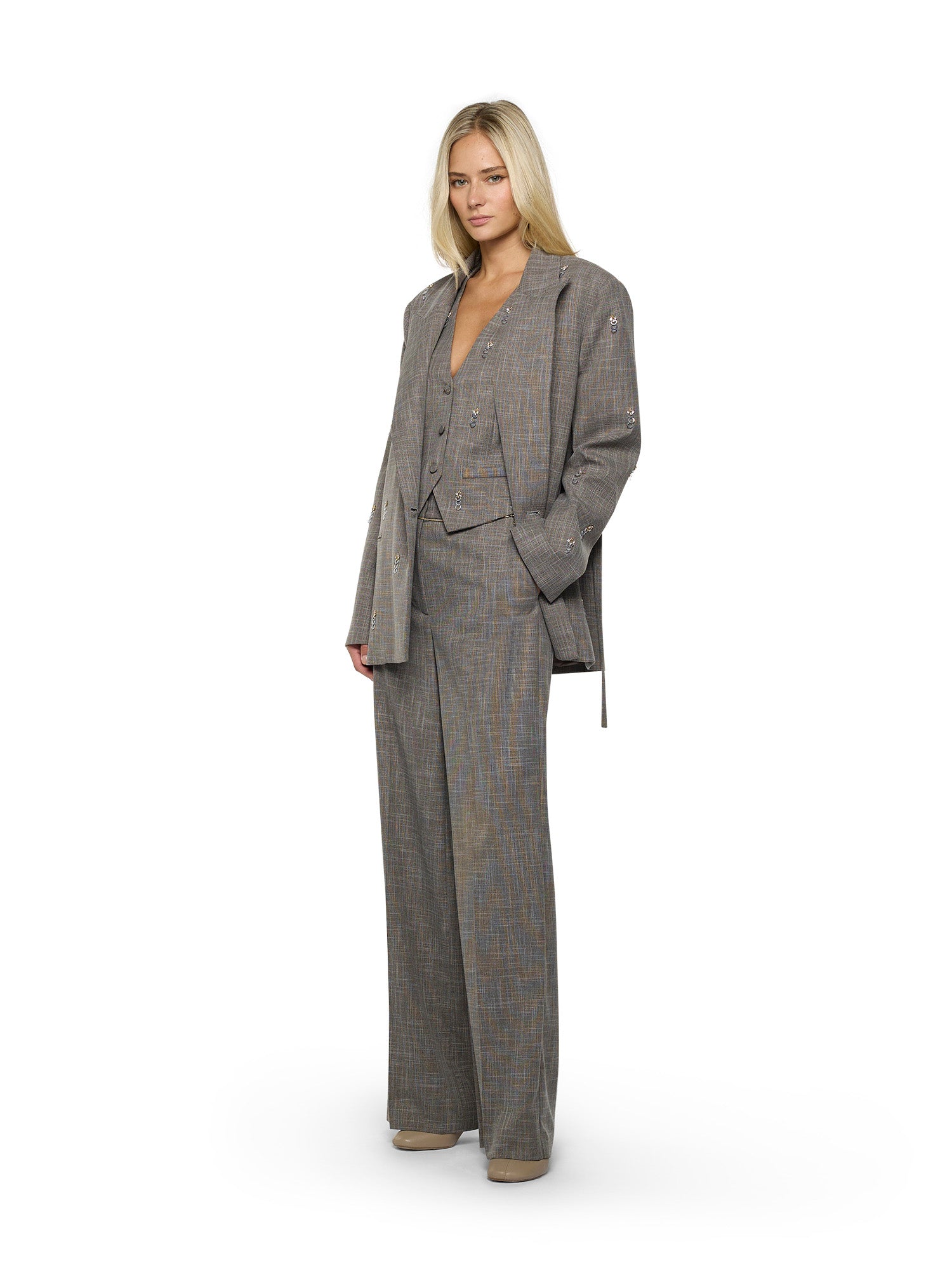 Oversized blazer with welt pockets and back strap in textured woven fabric