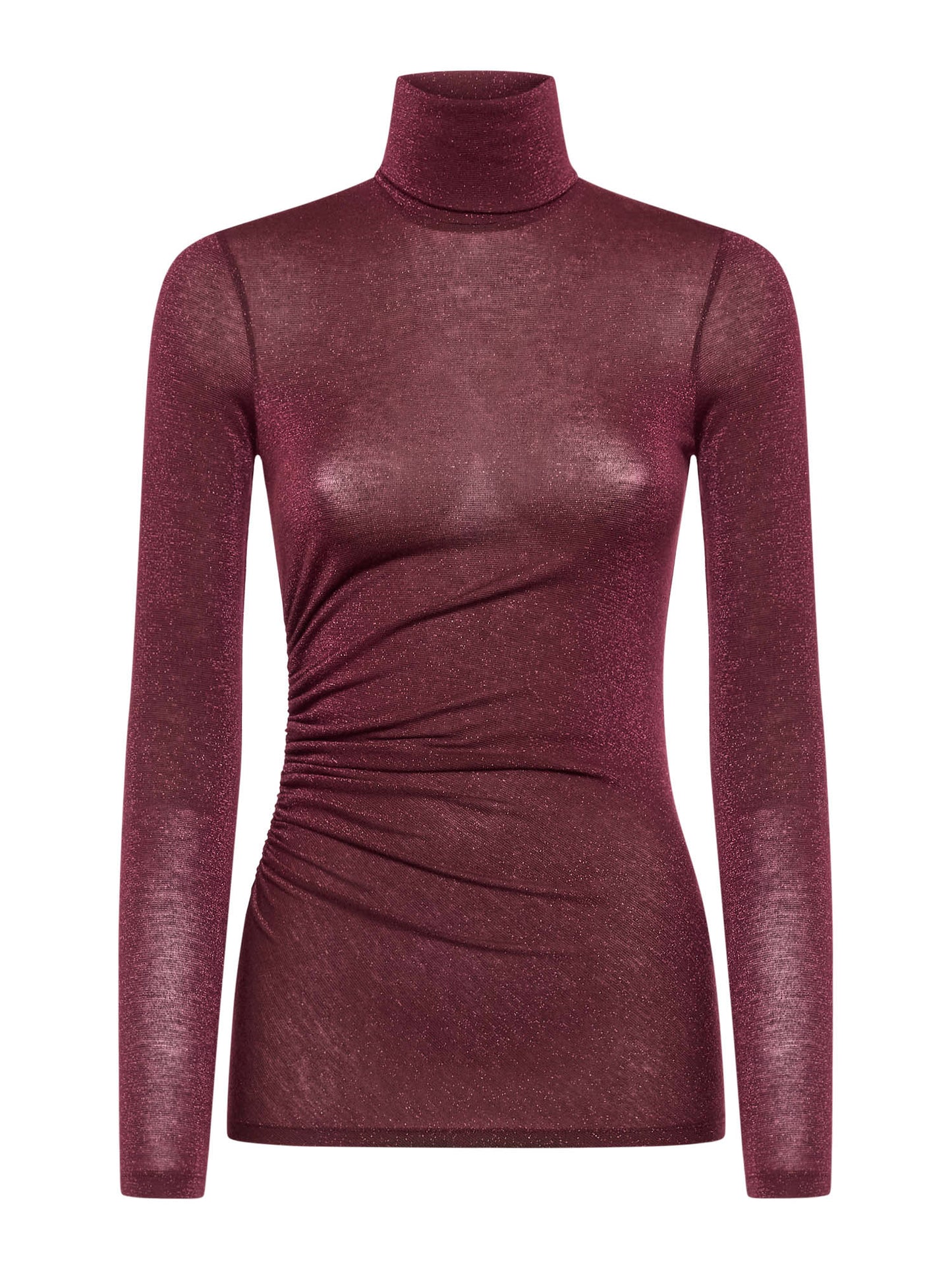 Long-sleeved turtleneck with side ruching in lurex tulle