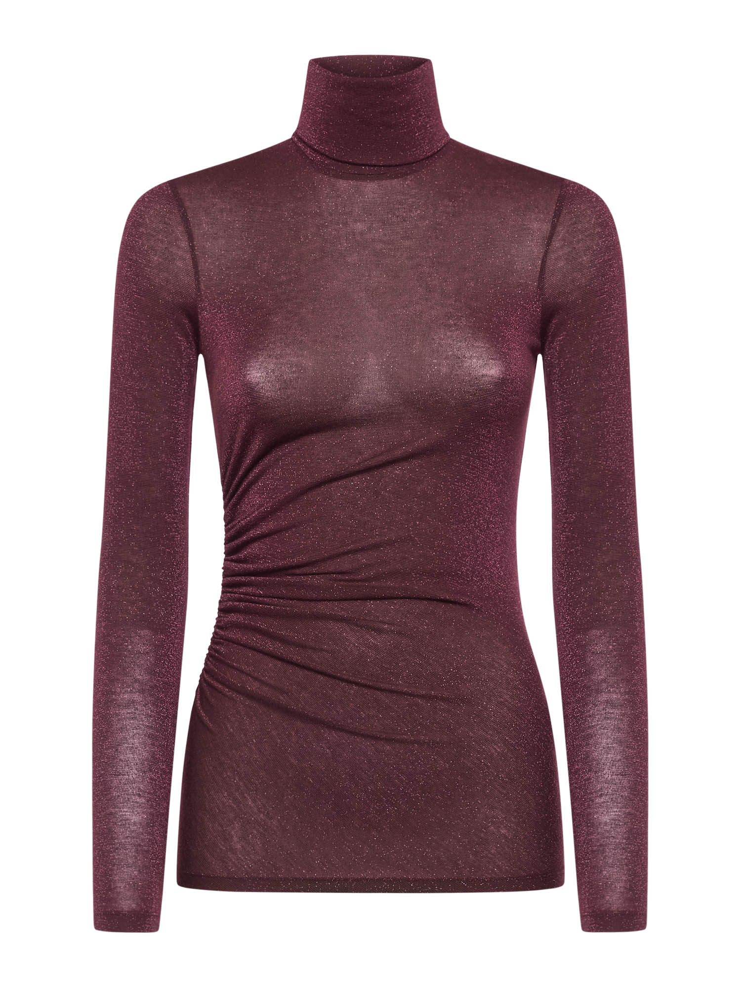Long-sleeved turtleneck with side ruching in lurex tulle