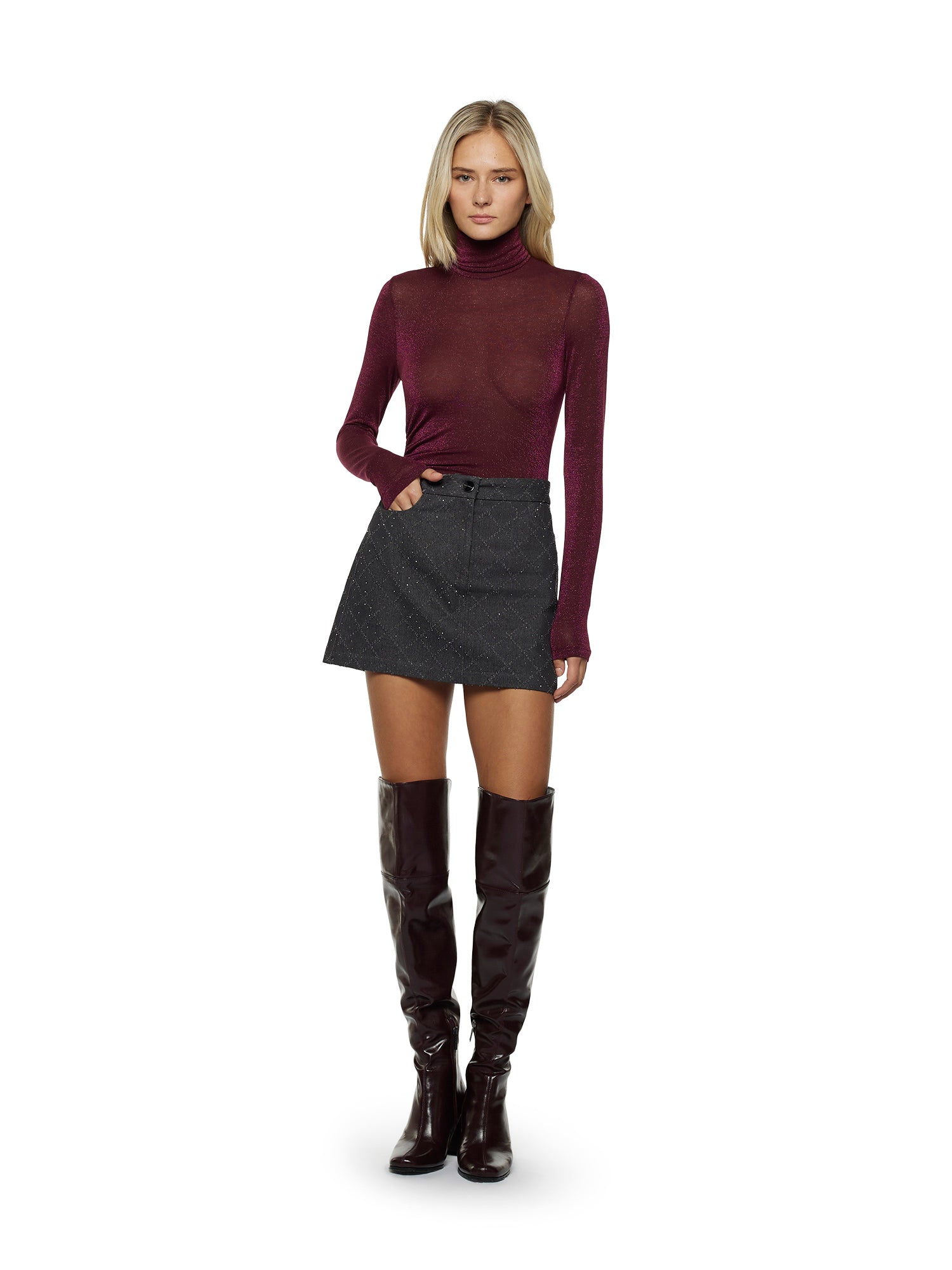 Long-sleeved turtleneck with side ruching in lurex tulle