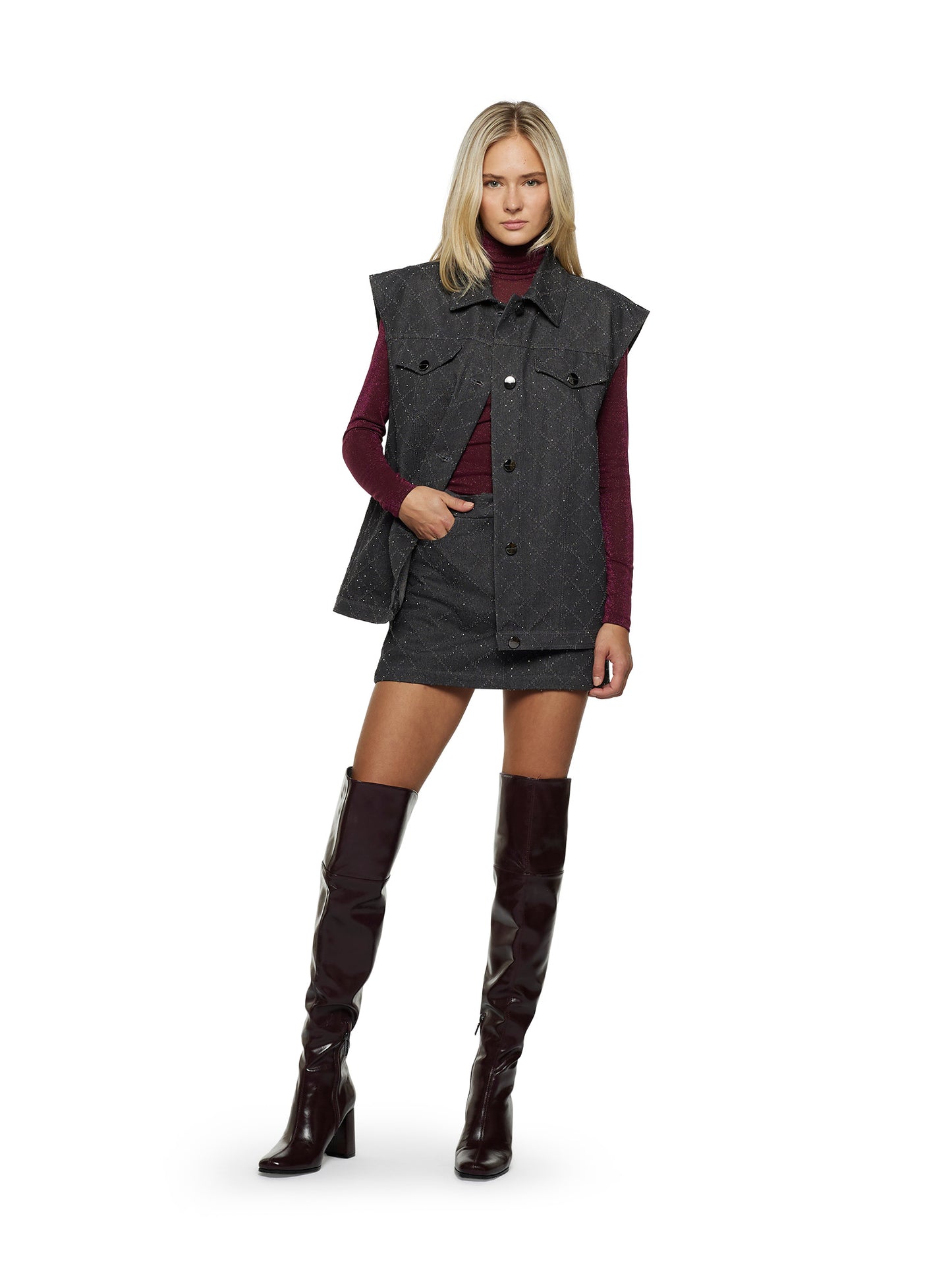 Long-sleeved turtleneck with side ruching in lurex tulle