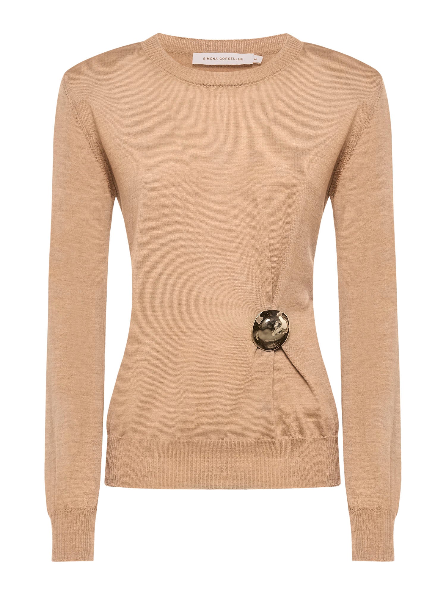 Long-sleeve crew neck sweater with metal plaque