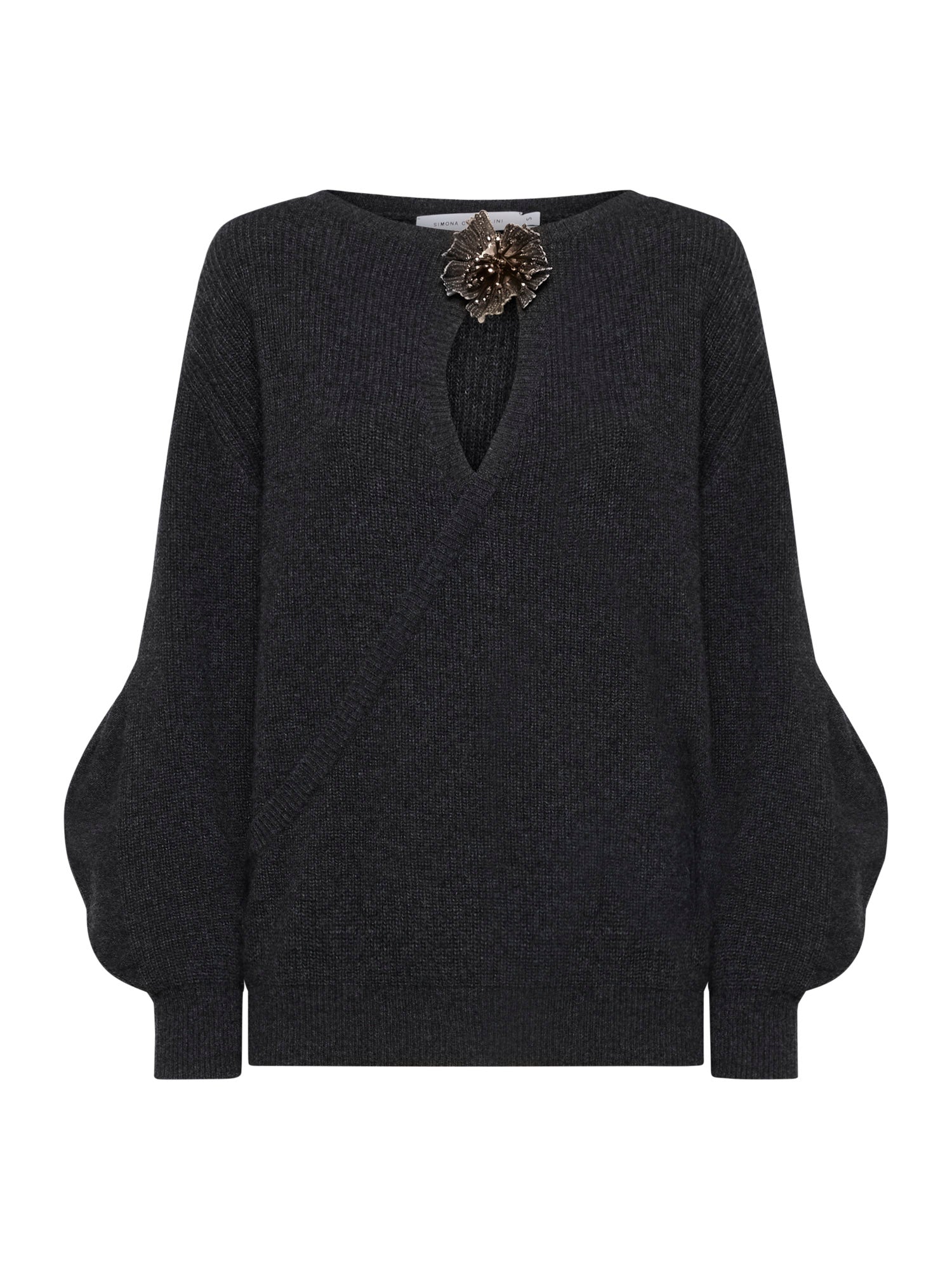 Boat neck sweater with straight design with front opening and flower of beads and sequins