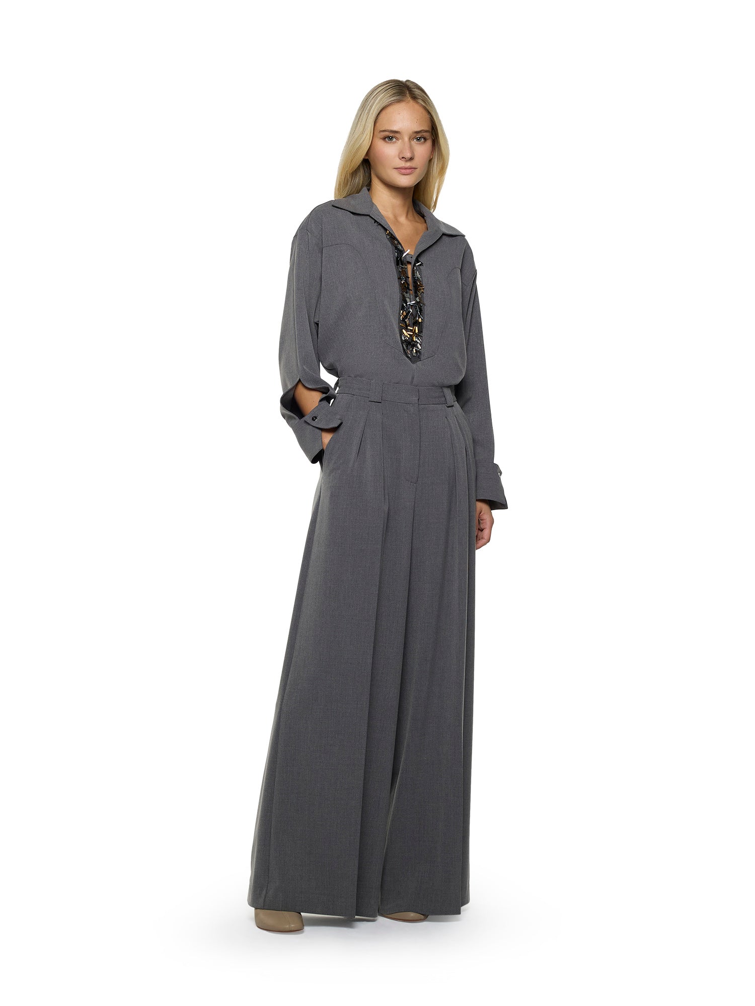 Pantaloni larghi con pinces in tela transition