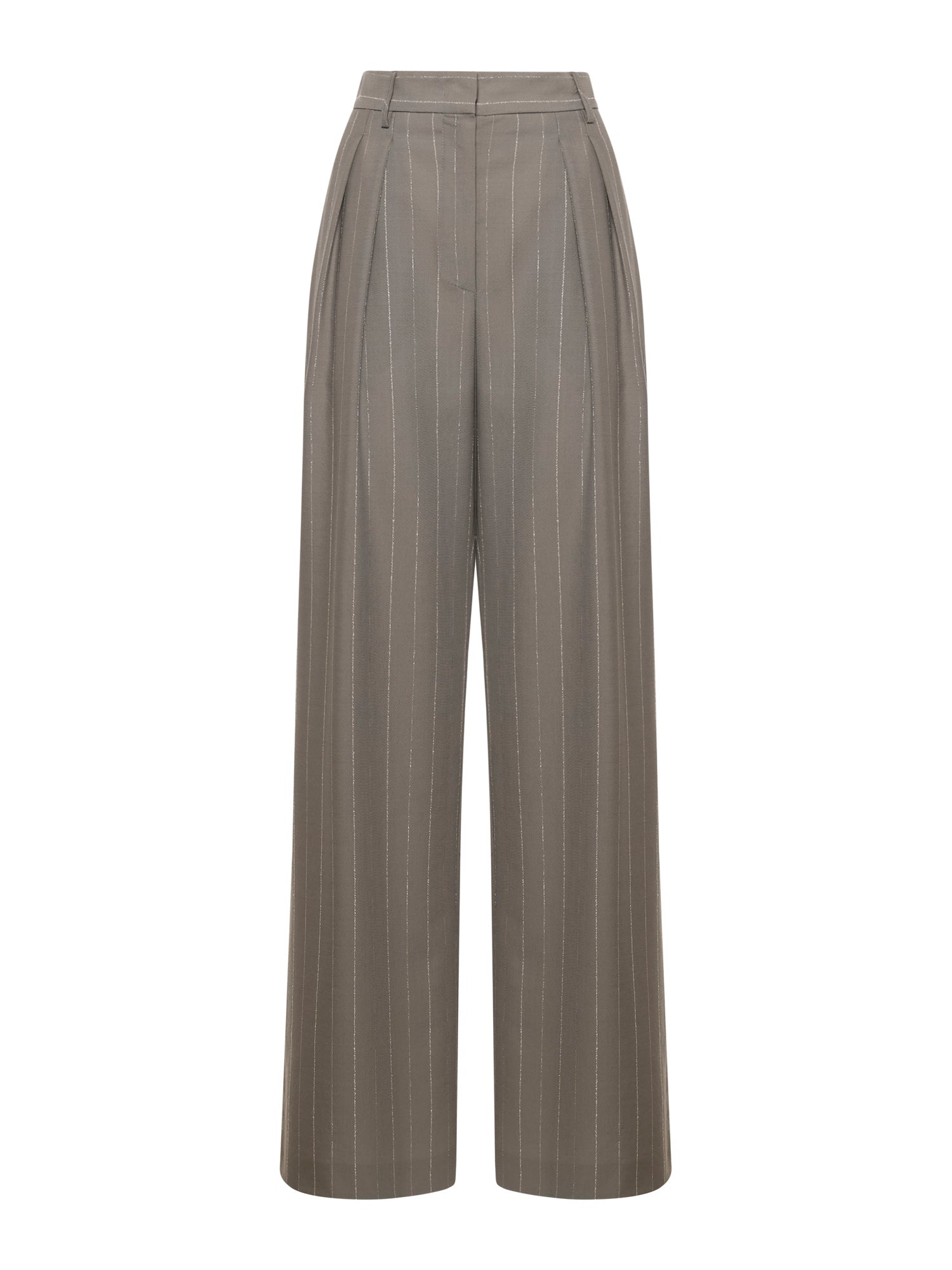 Wide-leg pinstriped trousers with pleats and welt pockets