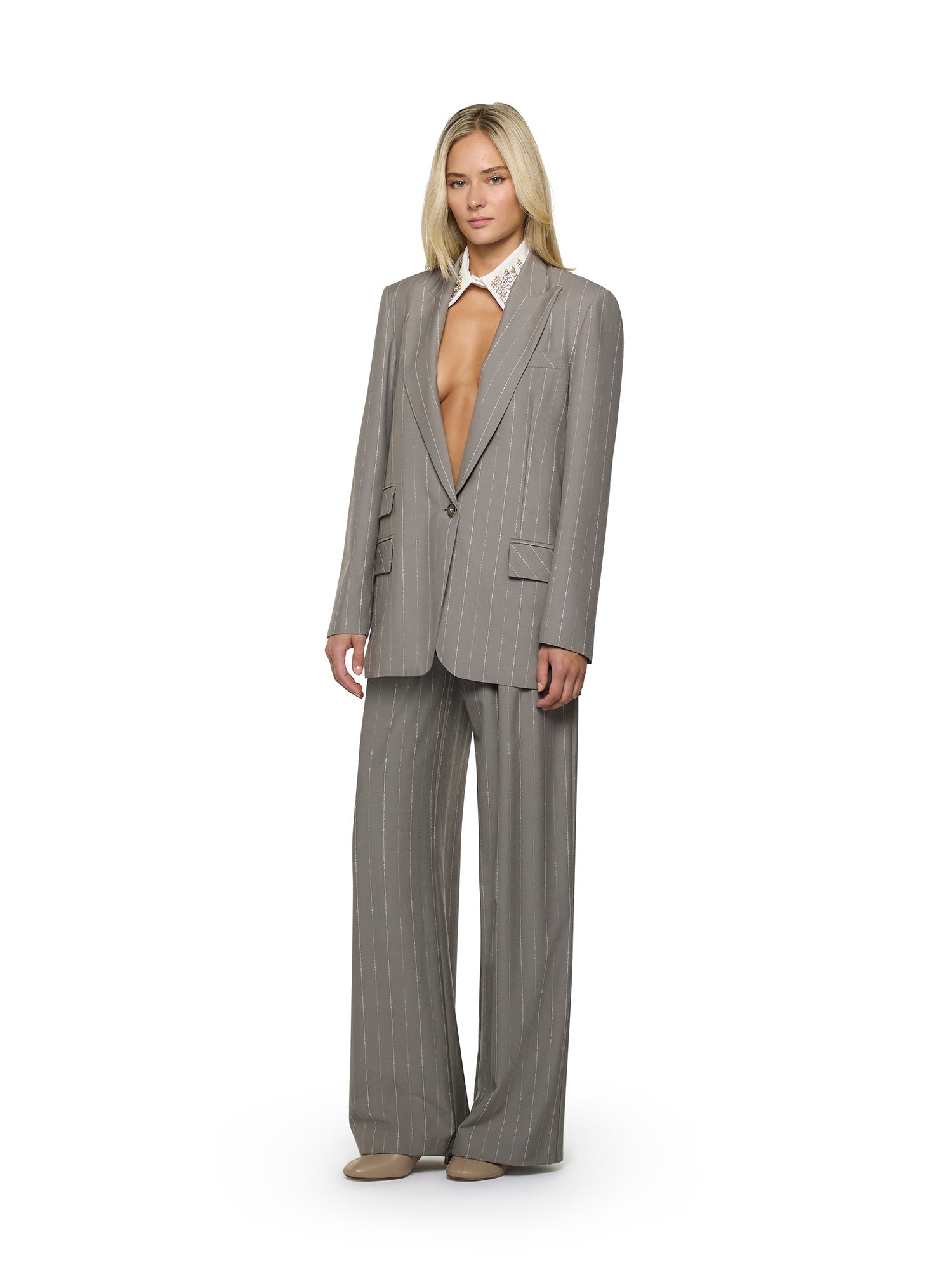 Wide-leg pinstriped trousers with pleats and welt pockets
