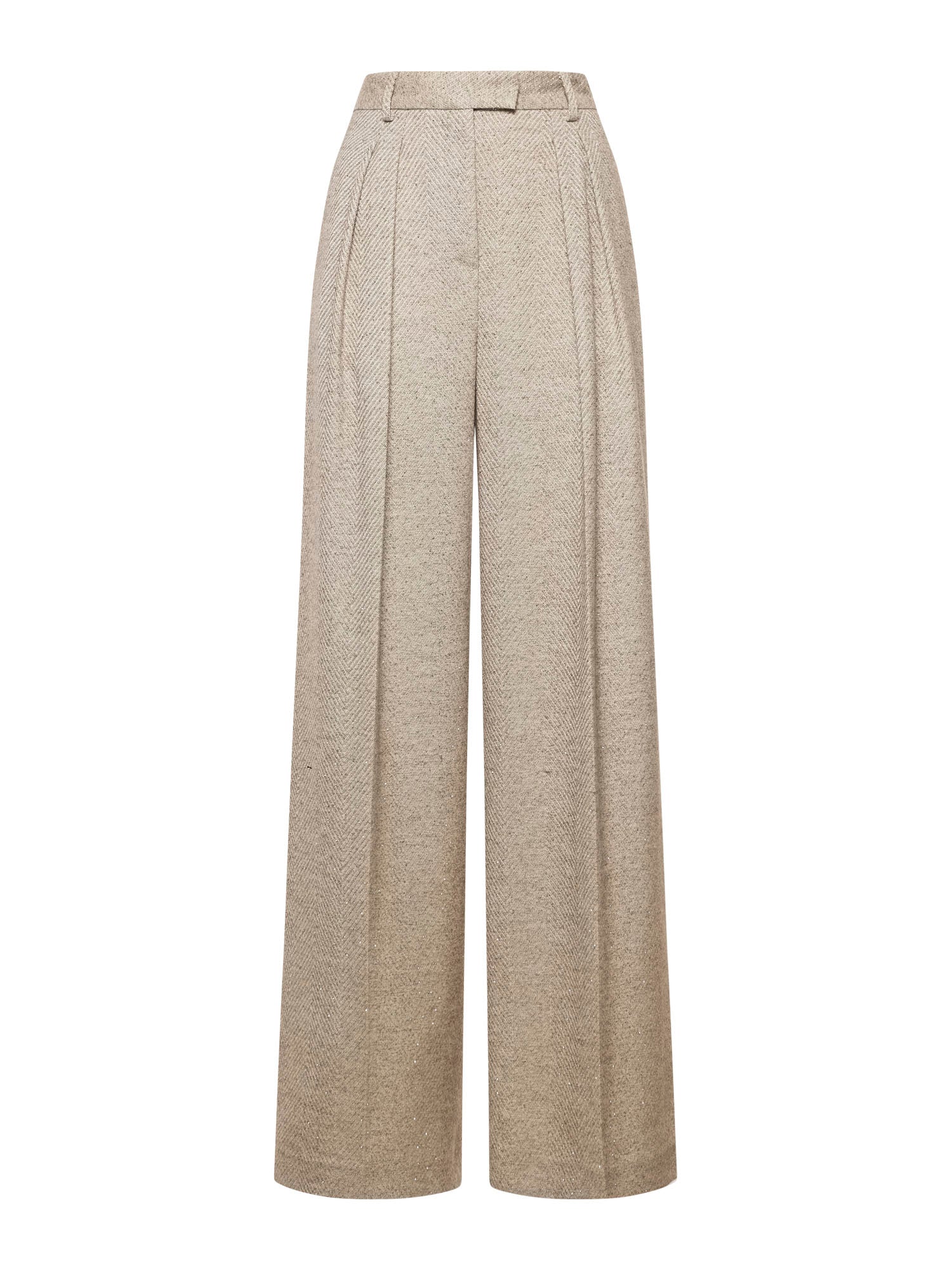 Pantaloni in tessuto spigato con strass a gamba larga con passanti