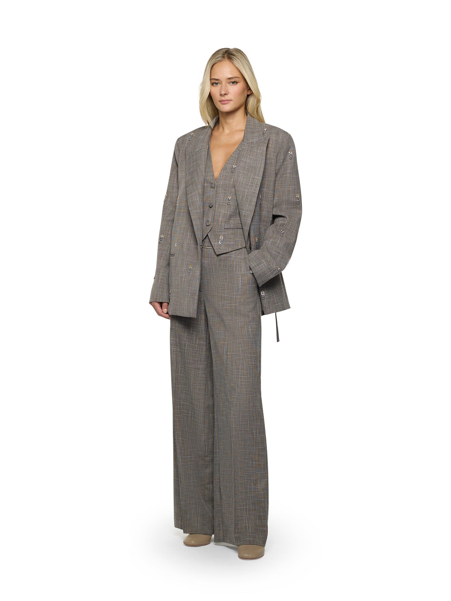 Pantaloni dritti con cintura catena in tela tramata