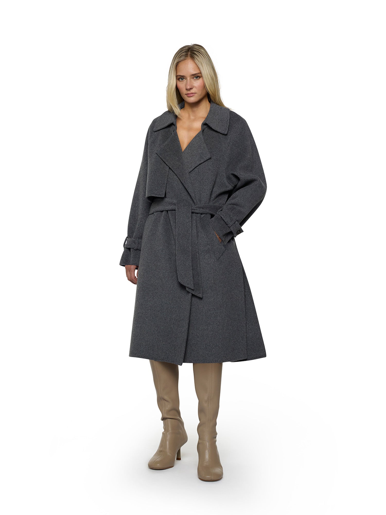 Trench coat with waist belt in double cloth