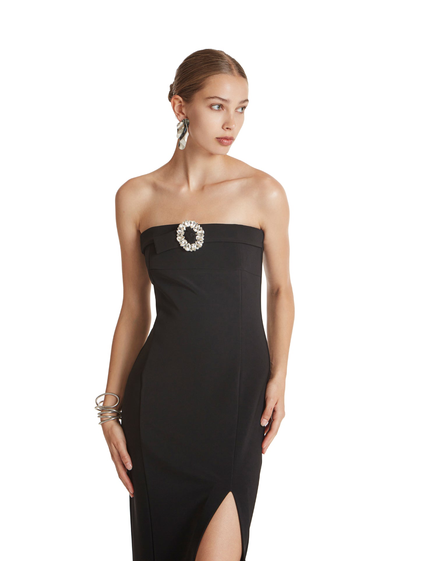 Long fitted dress with bustier neckline