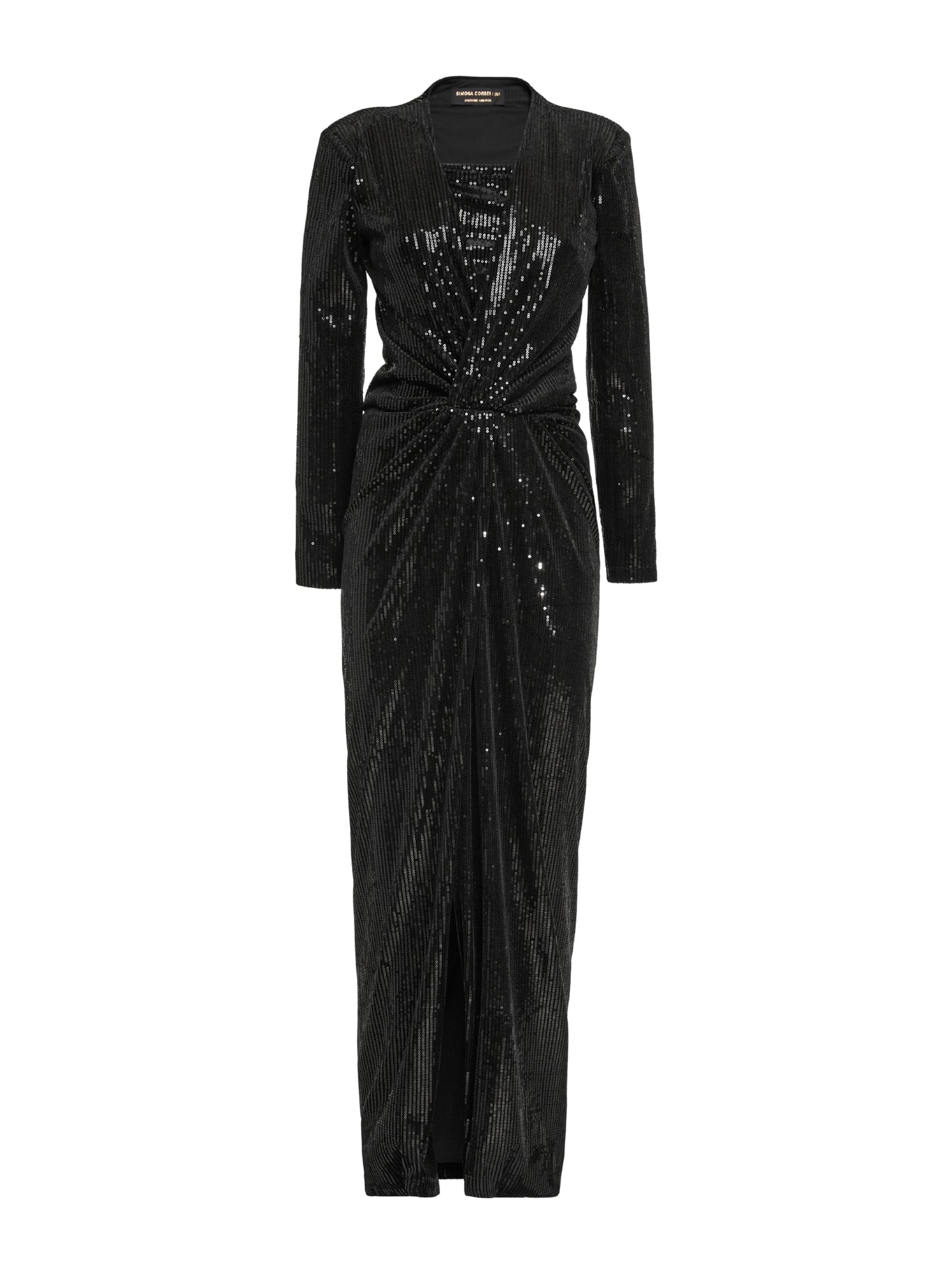 Long dress with knot detail and sequin waistband