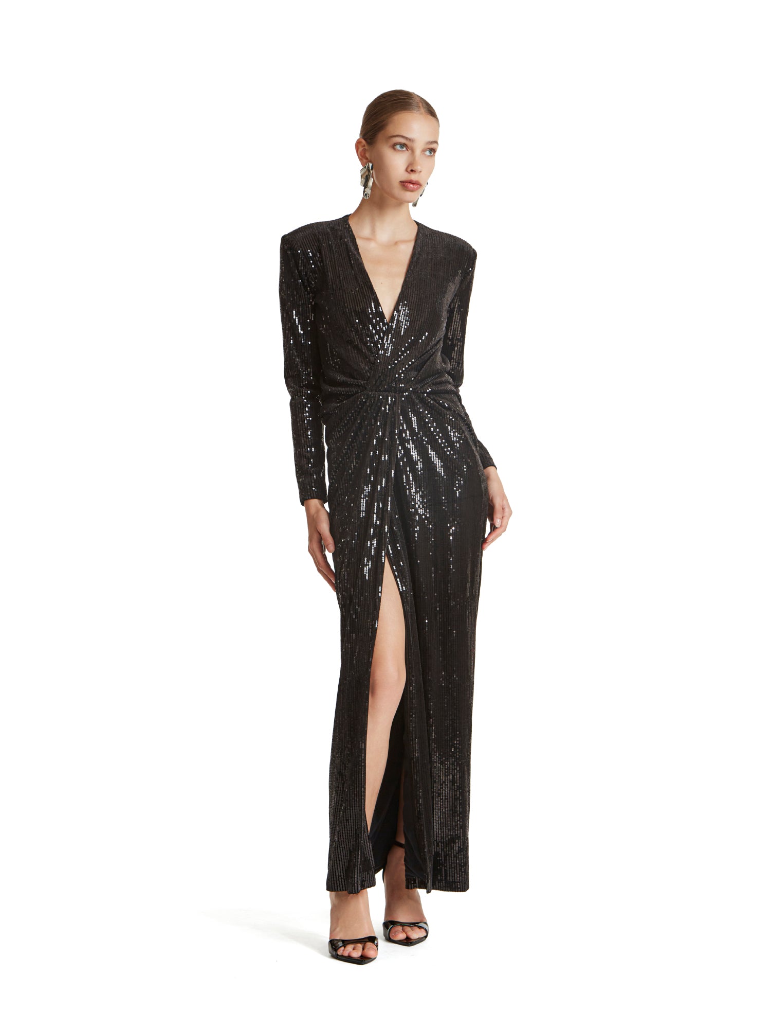 Abito lungo con nodo e fascia in paillettes