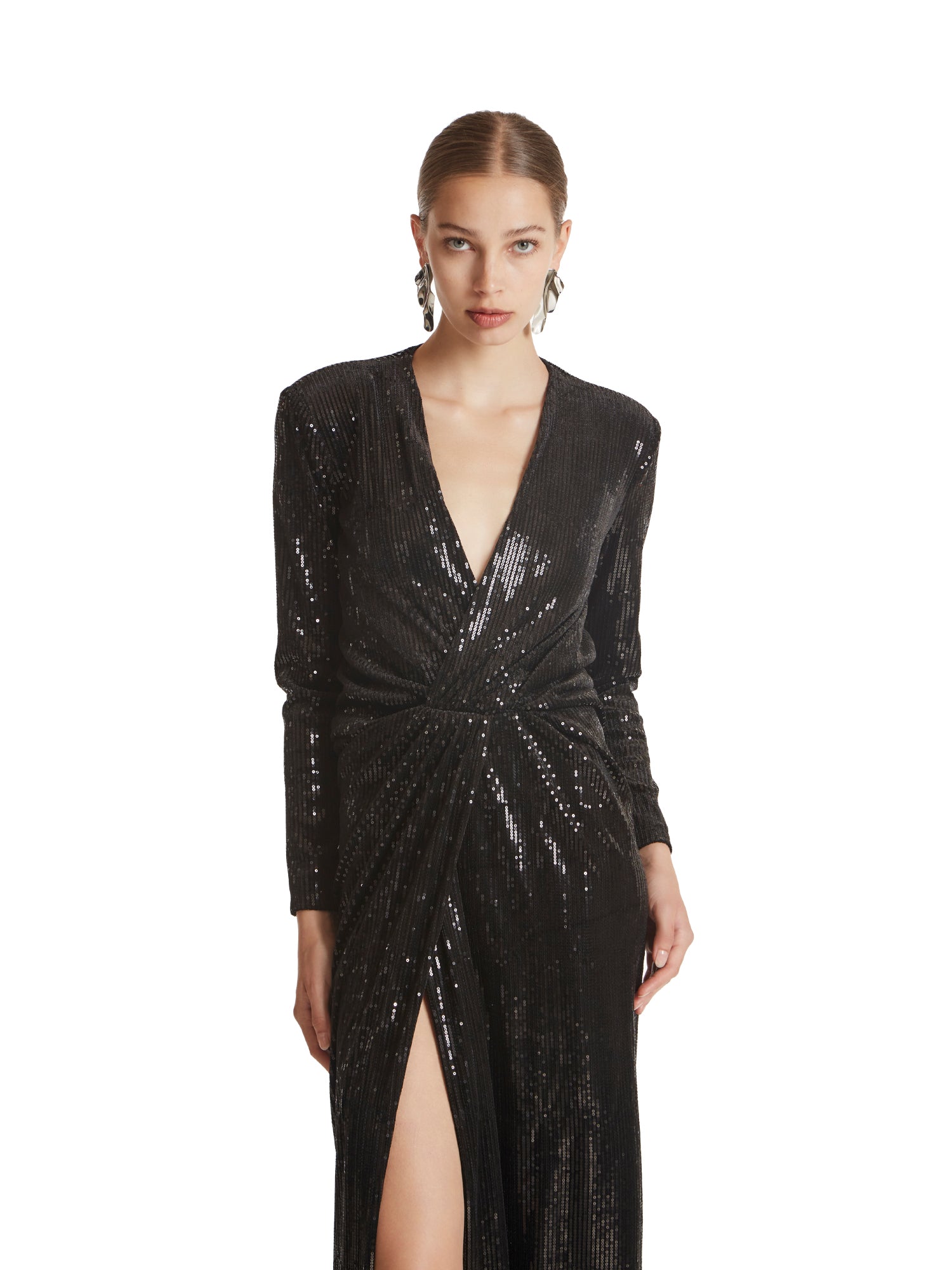 Long dress with knot detail and sequin waistband