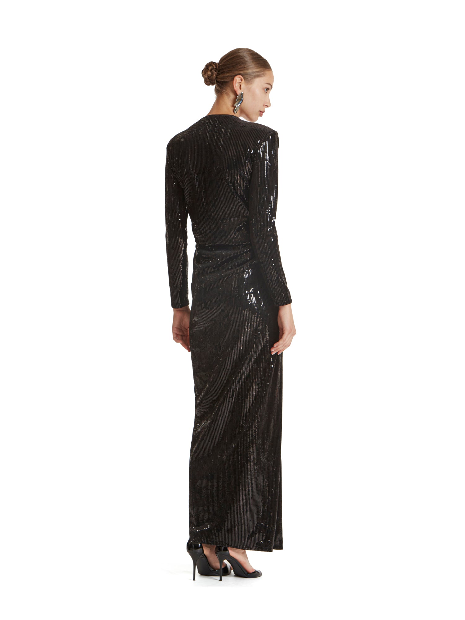 Long dress with knot detail and sequin waistband