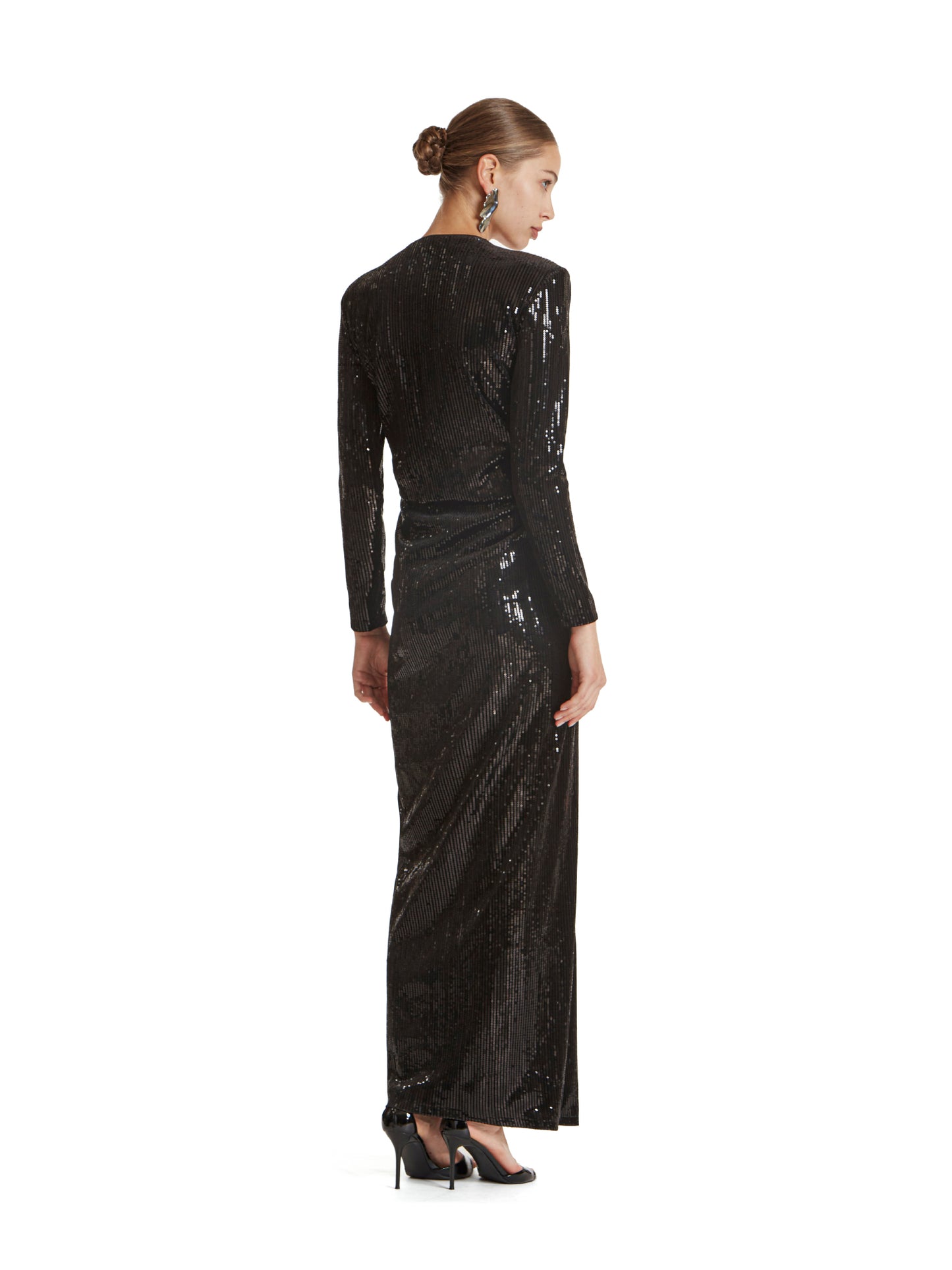 Long dress with knot detail and sequin waistband