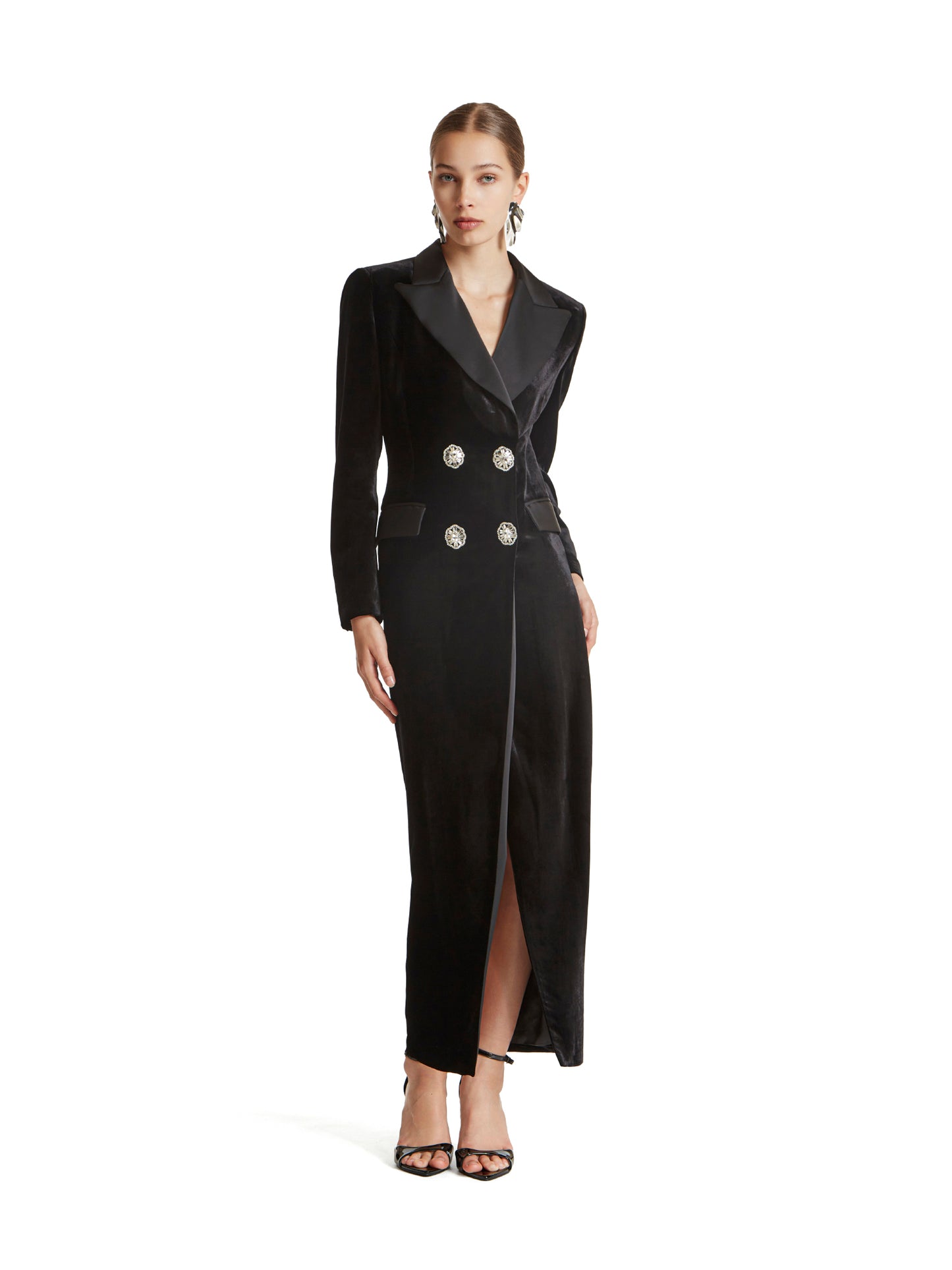 Long velvet tuxedo dress with satin details