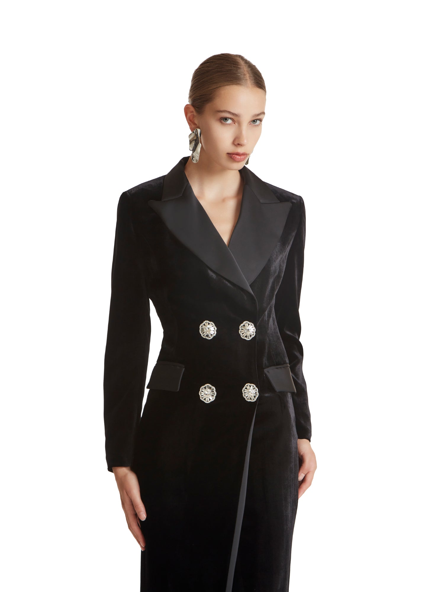 Long velvet tuxedo dress with satin details