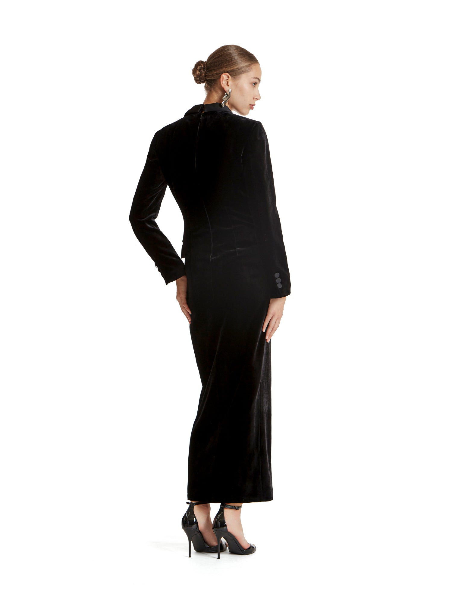 Long velvet tuxedo dress with satin details