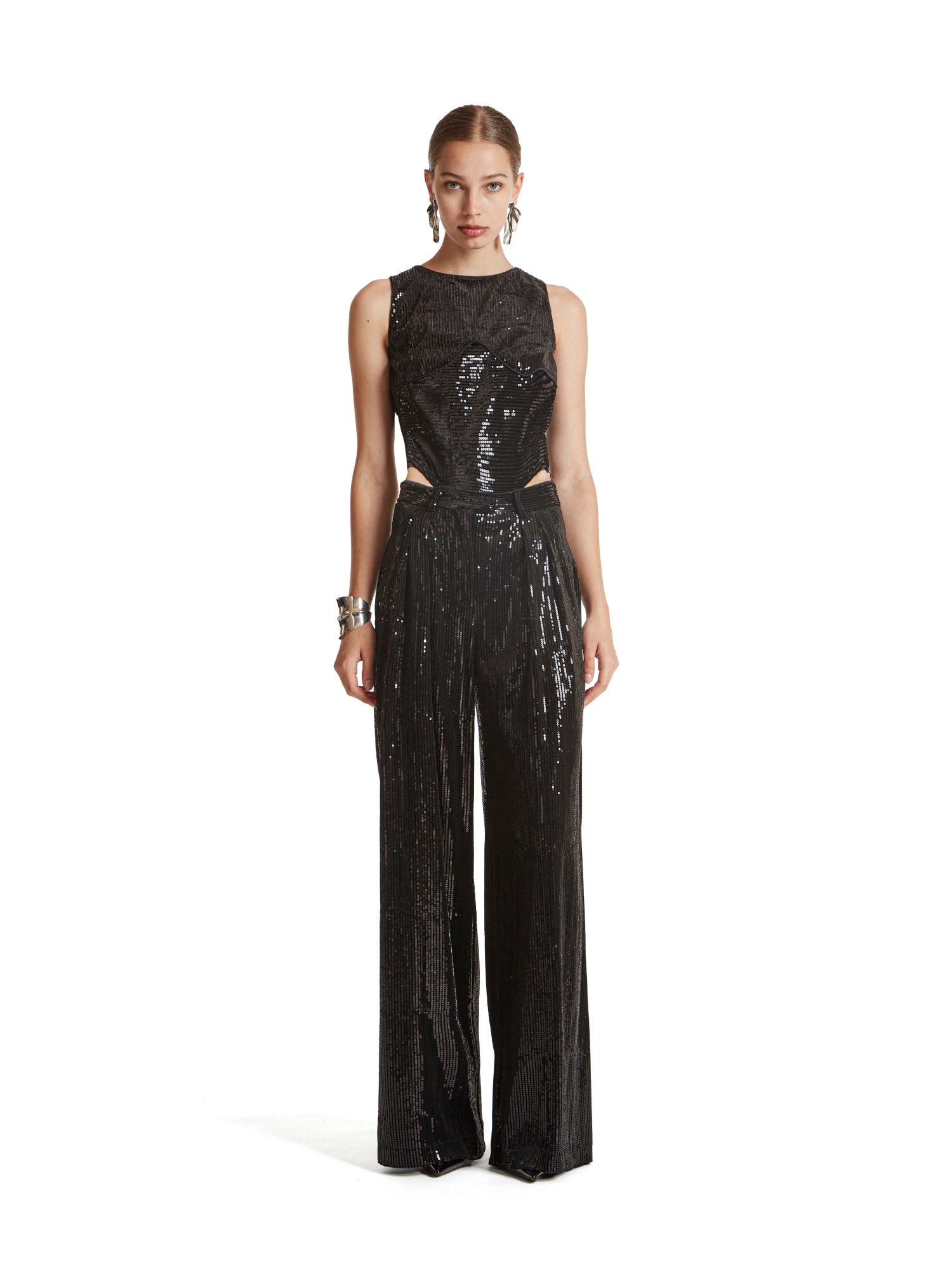High-cut stretch sleeveless bodysuit in velvet sequins