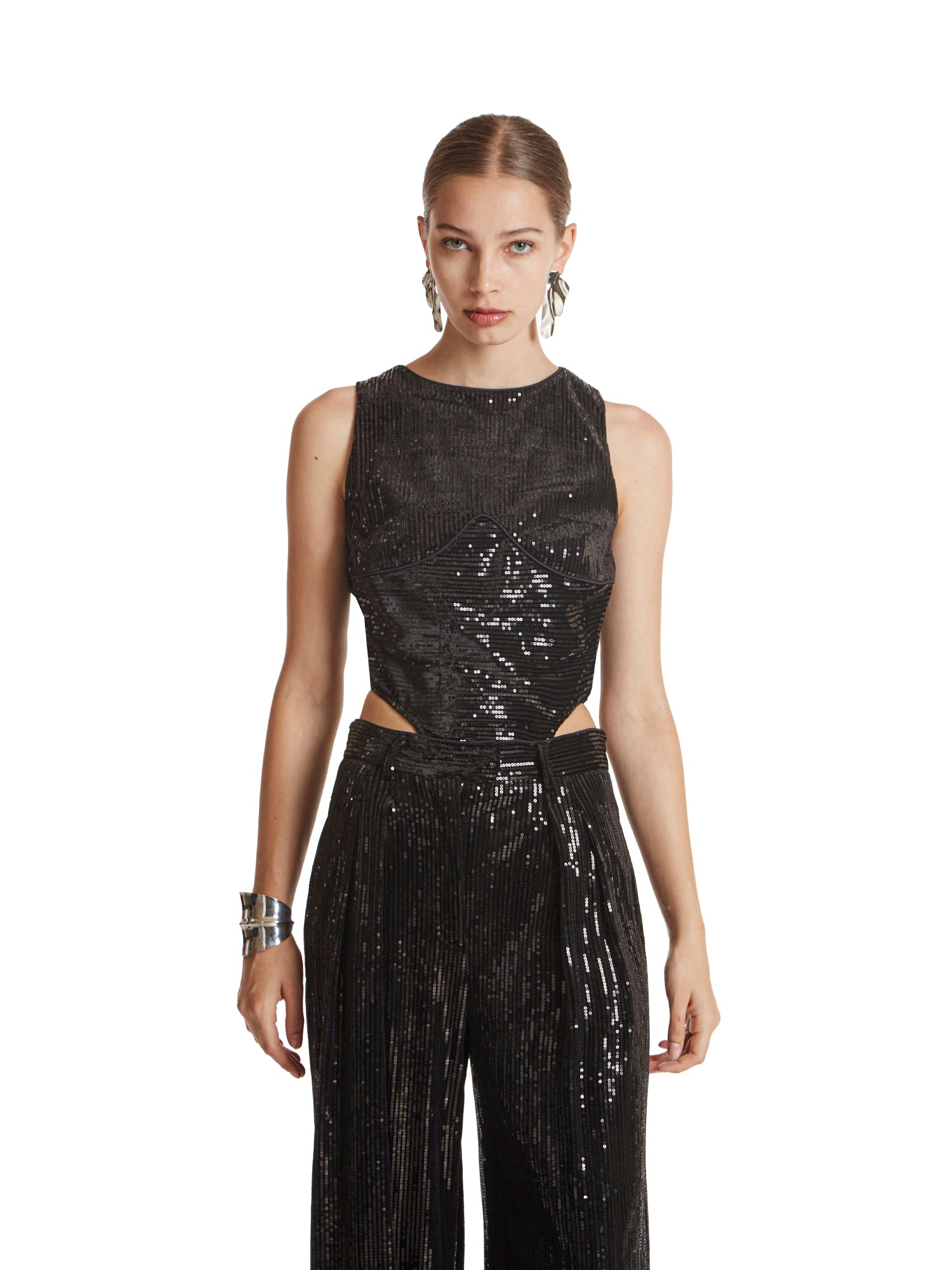 High-cut stretch sleeveless bodysuit in velvet sequins