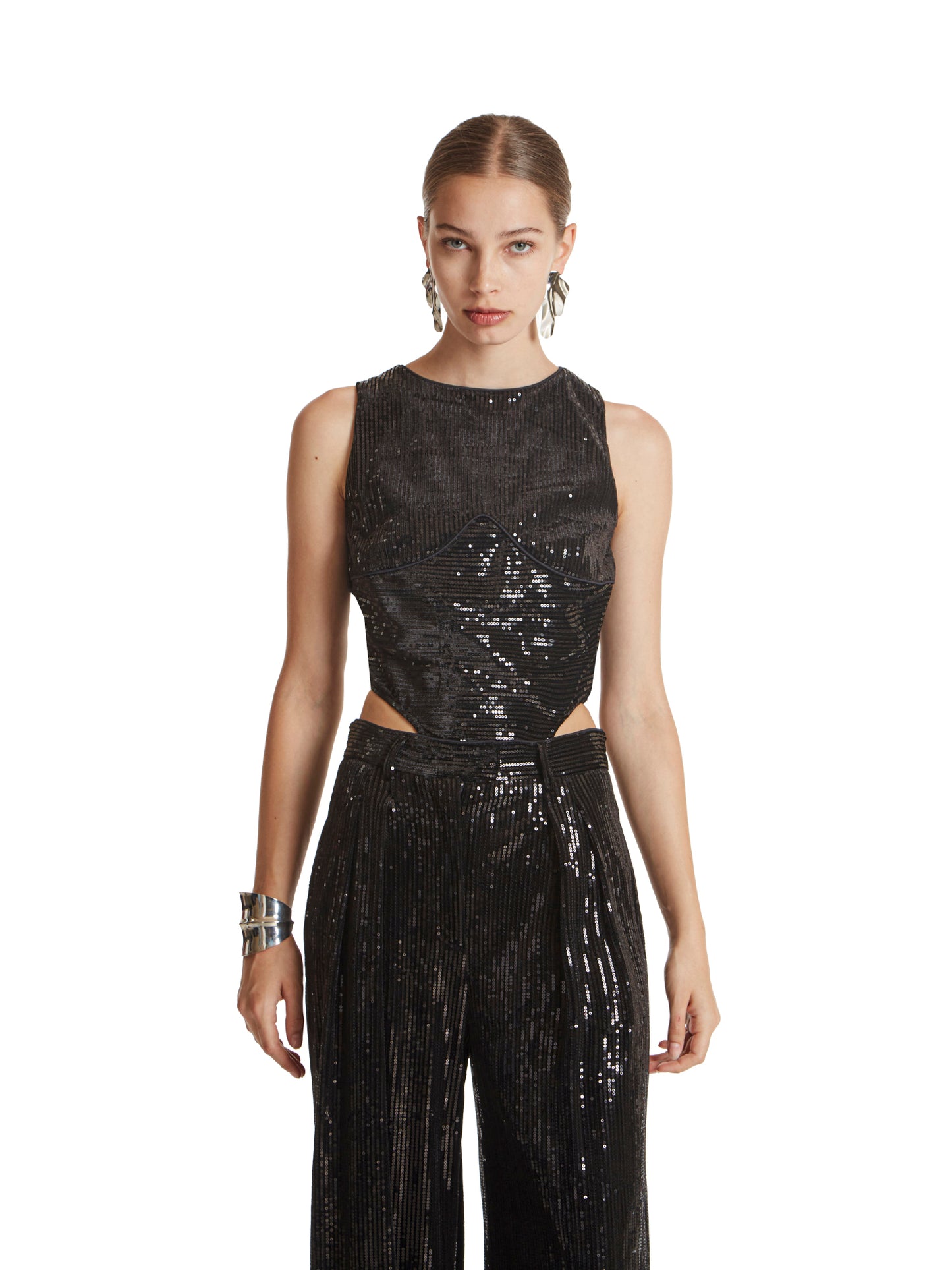 High-cut stretch sleeveless bodysuit in velvet sequins
