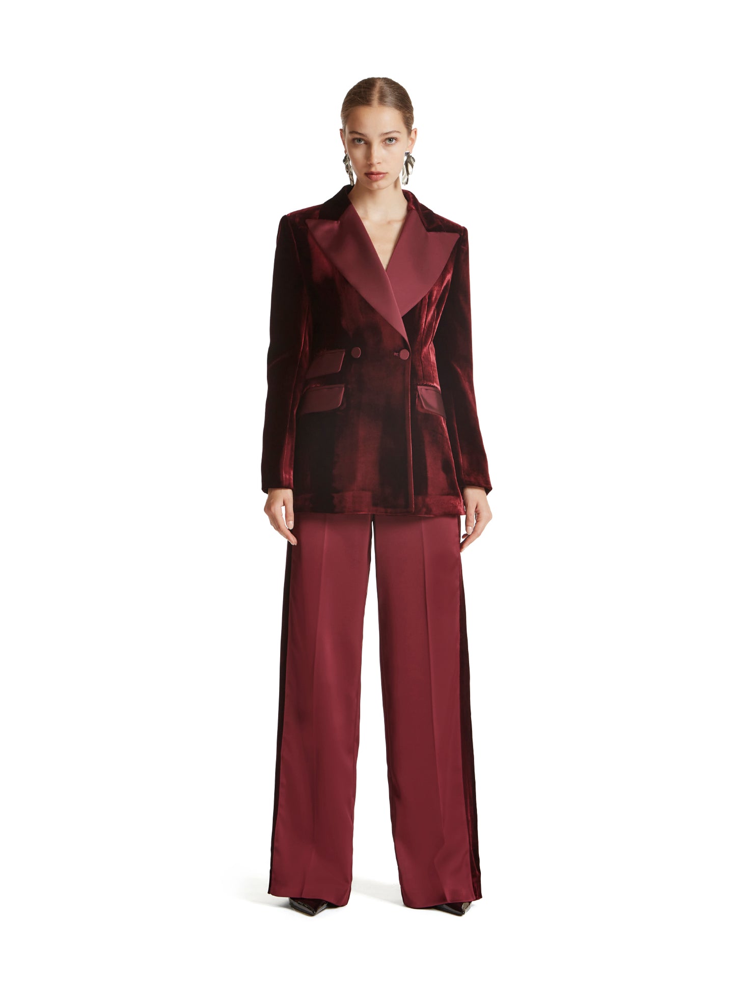 Tailored double-breasted silk velvet jacket with satin details