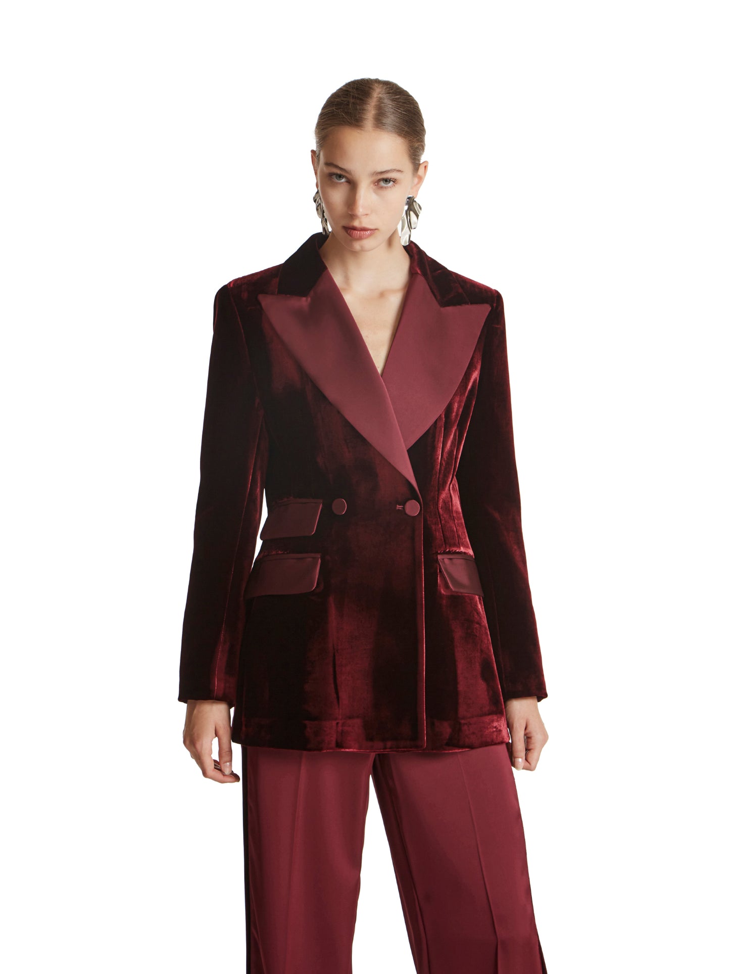 Tailored double-breasted silk velvet jacket with satin details