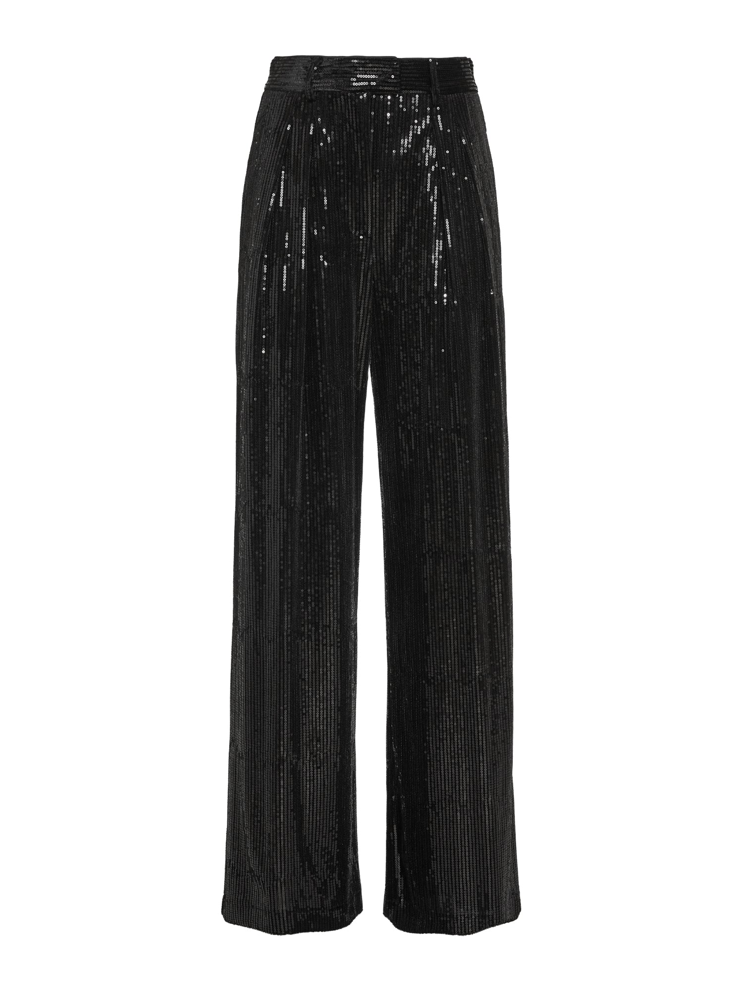 Pantalone largo con pinces in velluto full paillettes