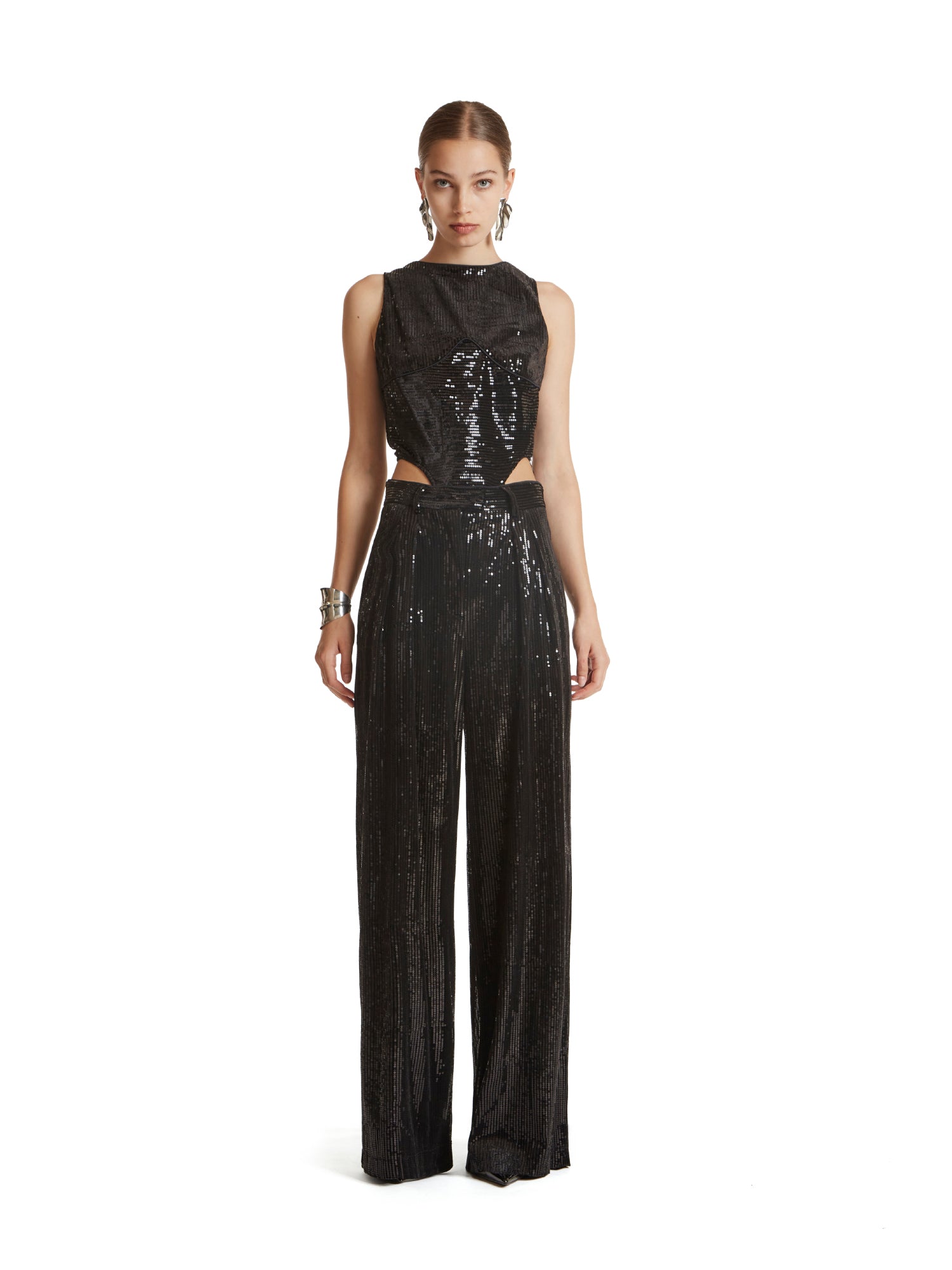 Wide-leg pleated trousers with belt loops and back flap pockets in stretch velvet sequins