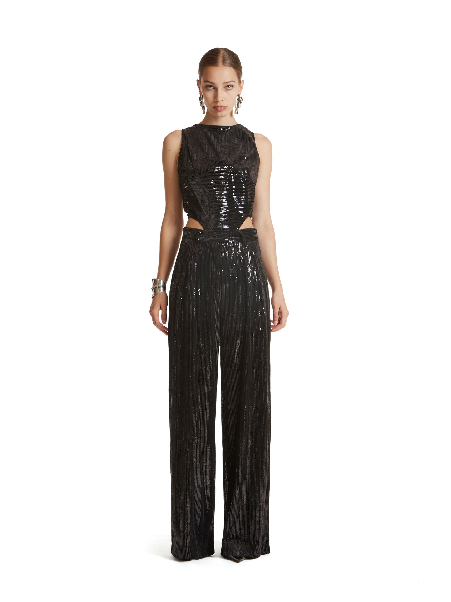 Wide-leg pleated trousers with belt loops and back flap pockets in stretch velvet sequins
