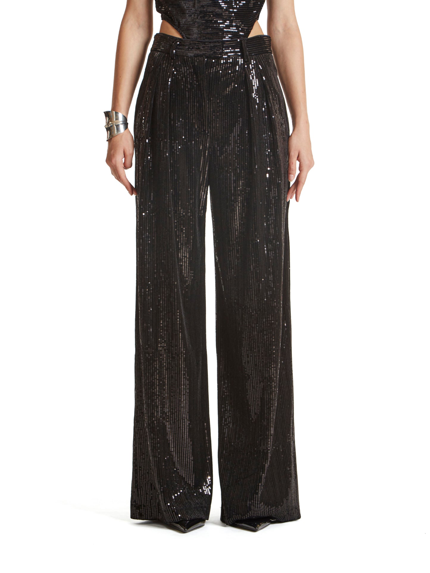 Wide-leg pleated trousers with belt loops and back flap pockets in stretch velvet sequins