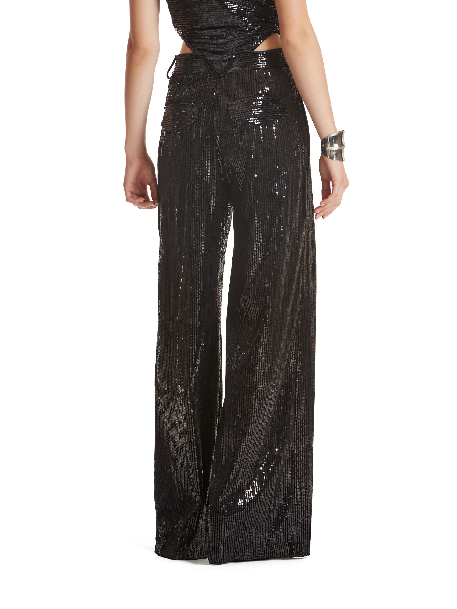 Wide-leg pleated trousers with belt loops and back flap pockets in stretch velvet sequins