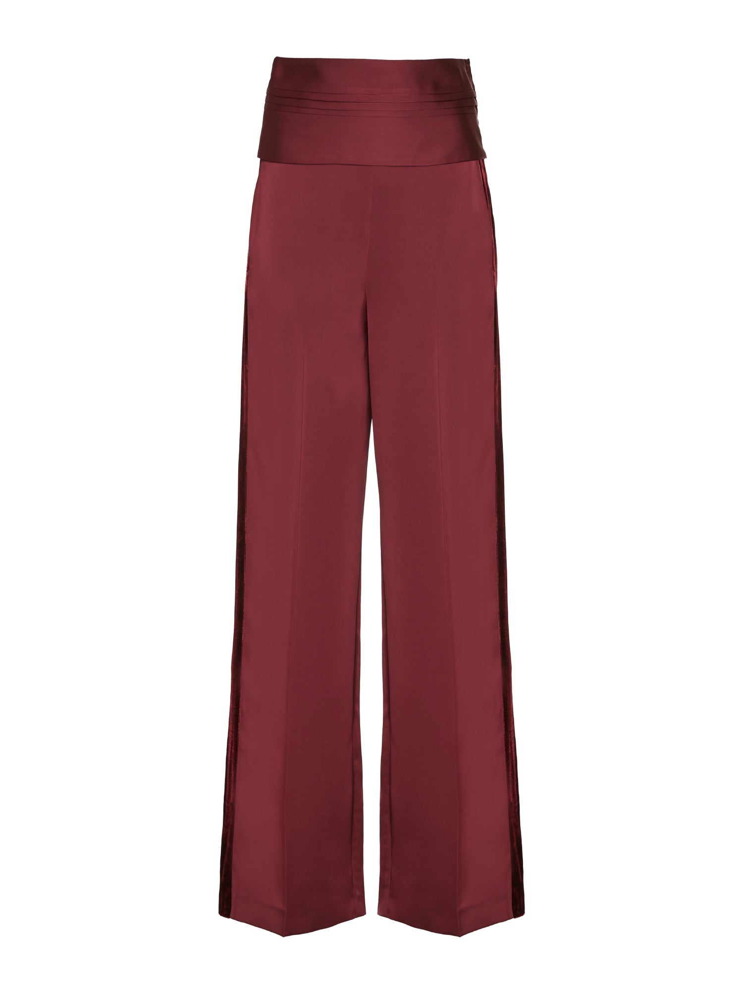 Heavy satin trousers with waistband and velvet stripes