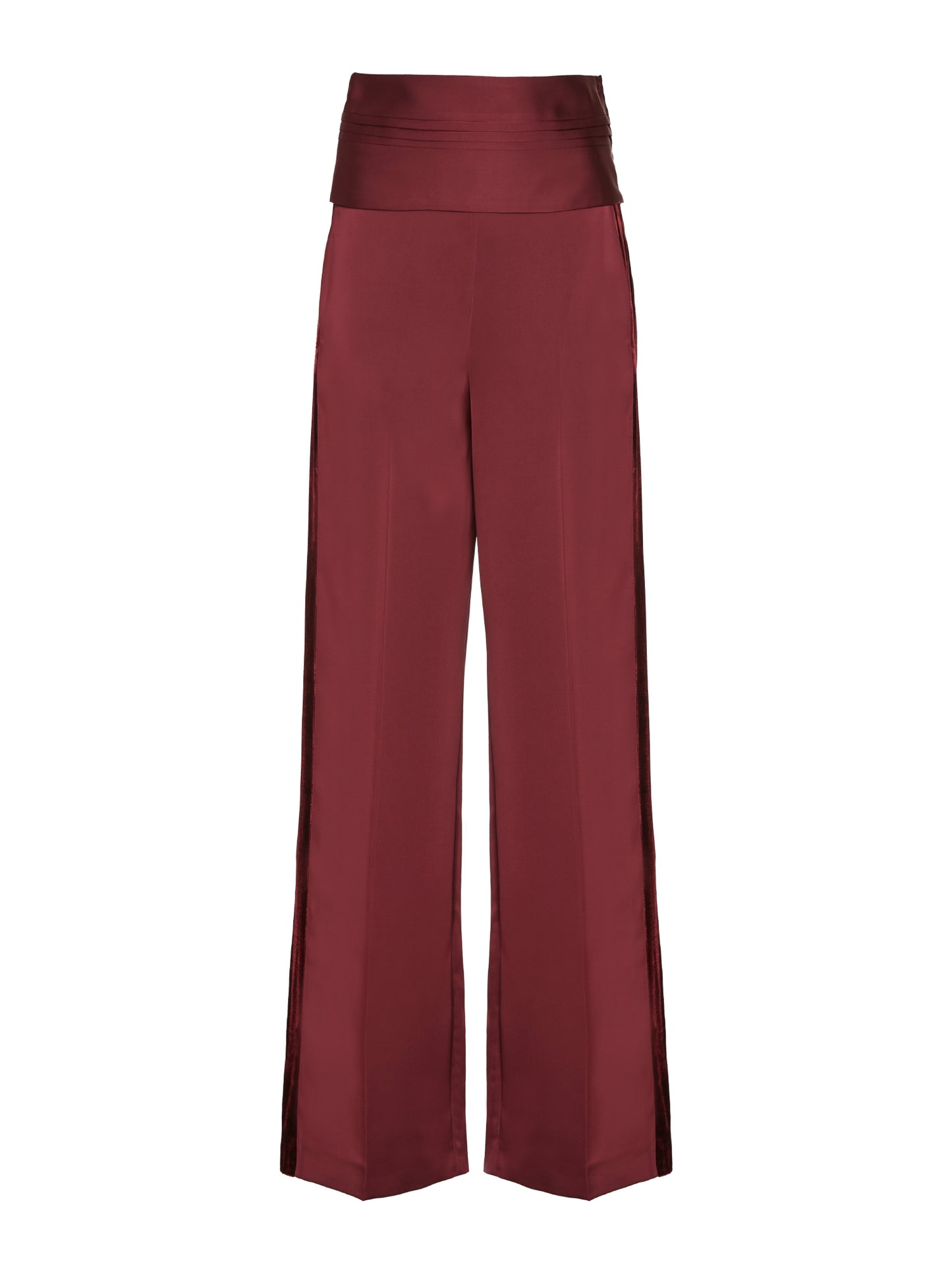 Heavy satin trousers with waistband and velvet stripes