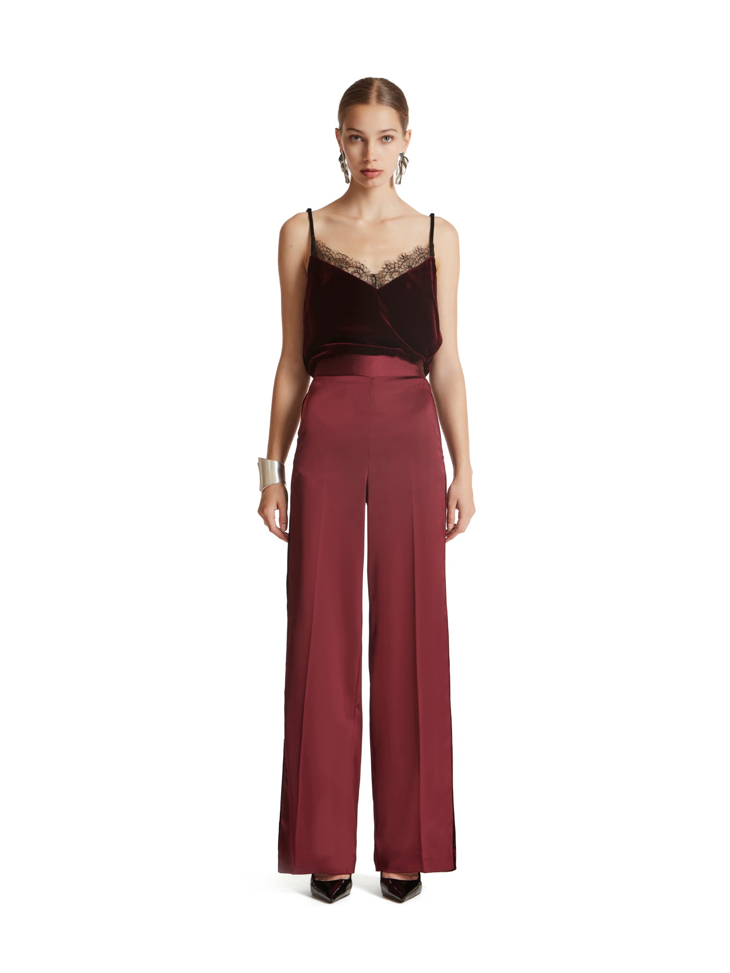 Pantalone in raso heavy con baschina e bande in velluto
