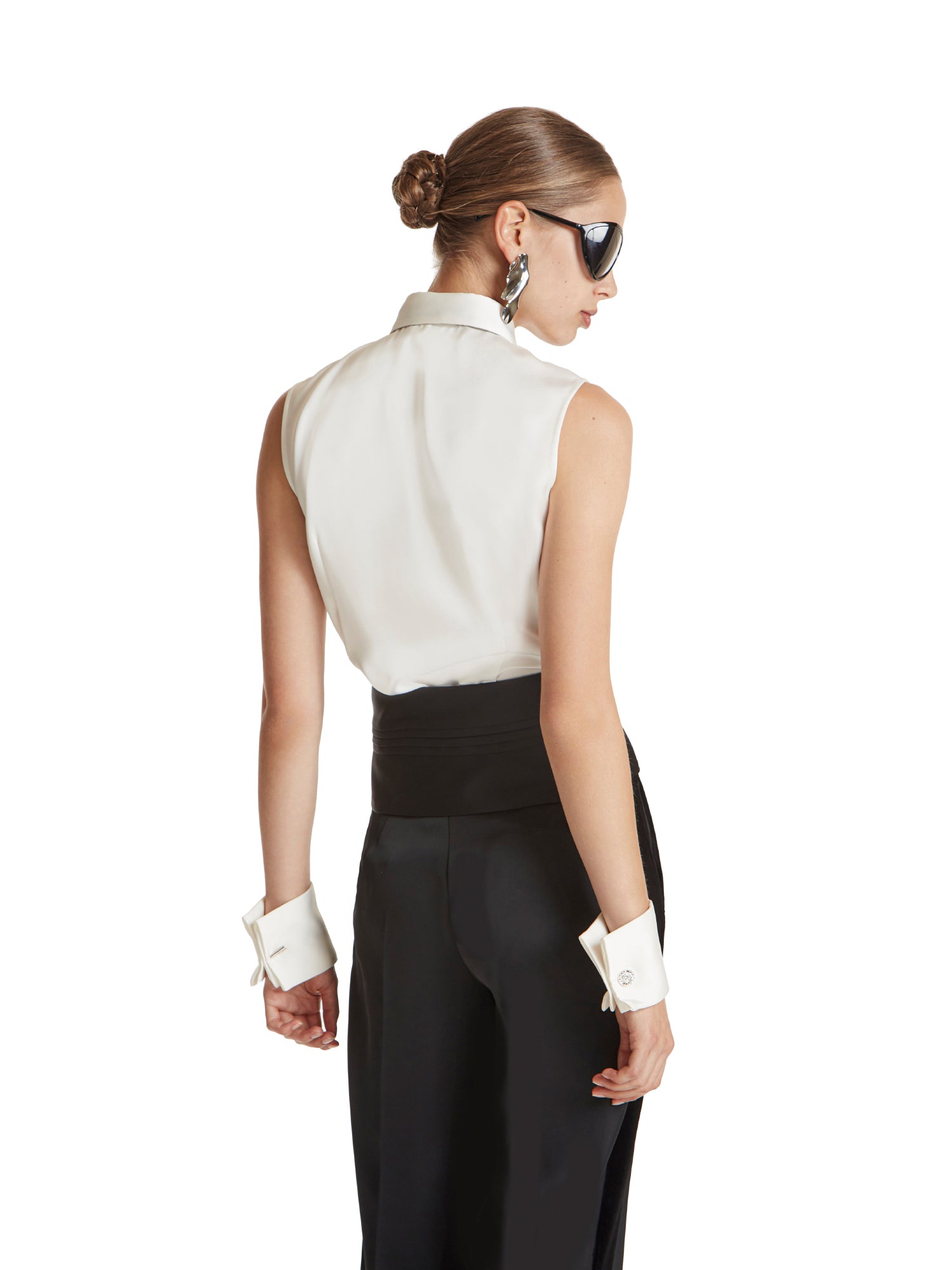Heavy satin top with bow tie, detachable cuffs and cufflinks