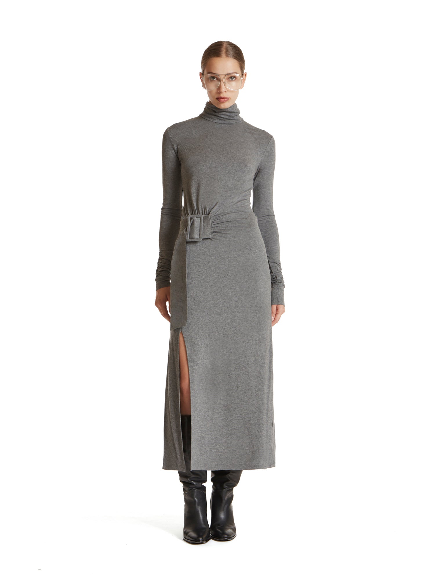 Long-sleeved turtleneck dress with oversized buckle in jersey