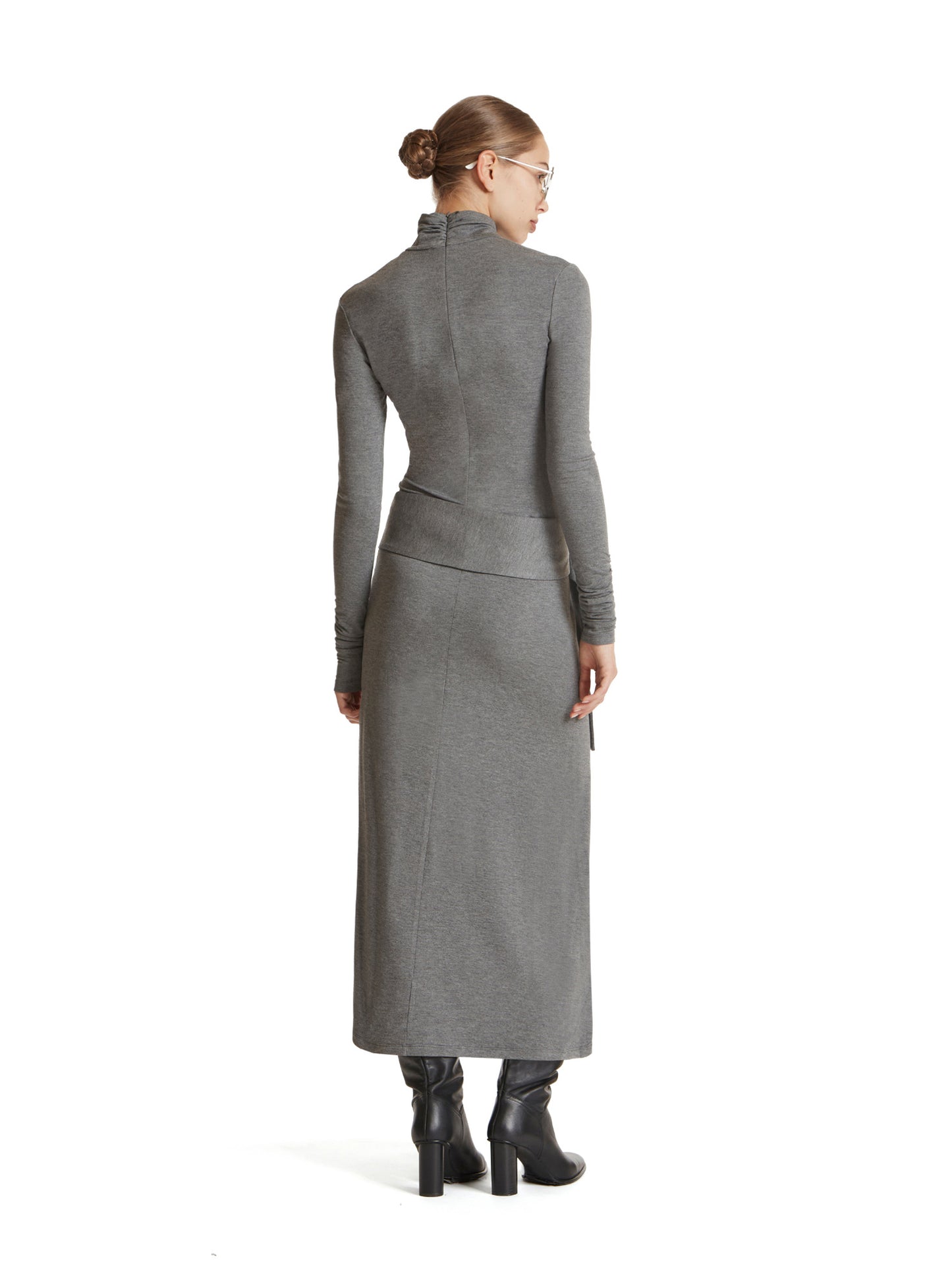 Long-sleeved turtleneck dress with oversized buckle in jersey