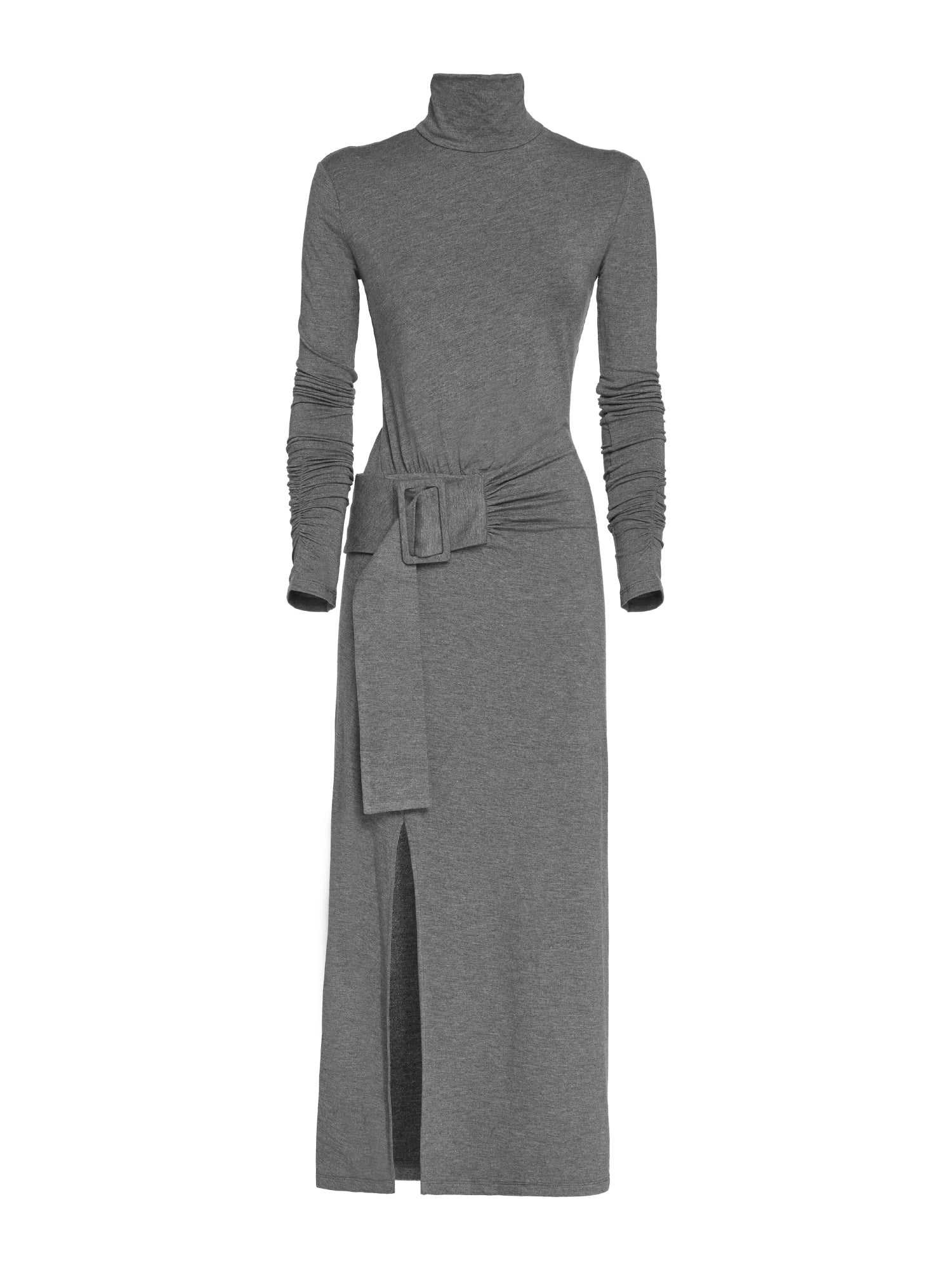 Long-sleeved turtleneck dress with oversized buckle in jersey