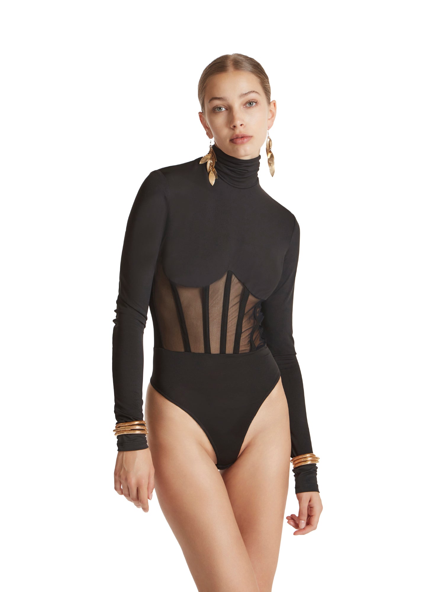Jersey and tulle bodysuit with bustier effect