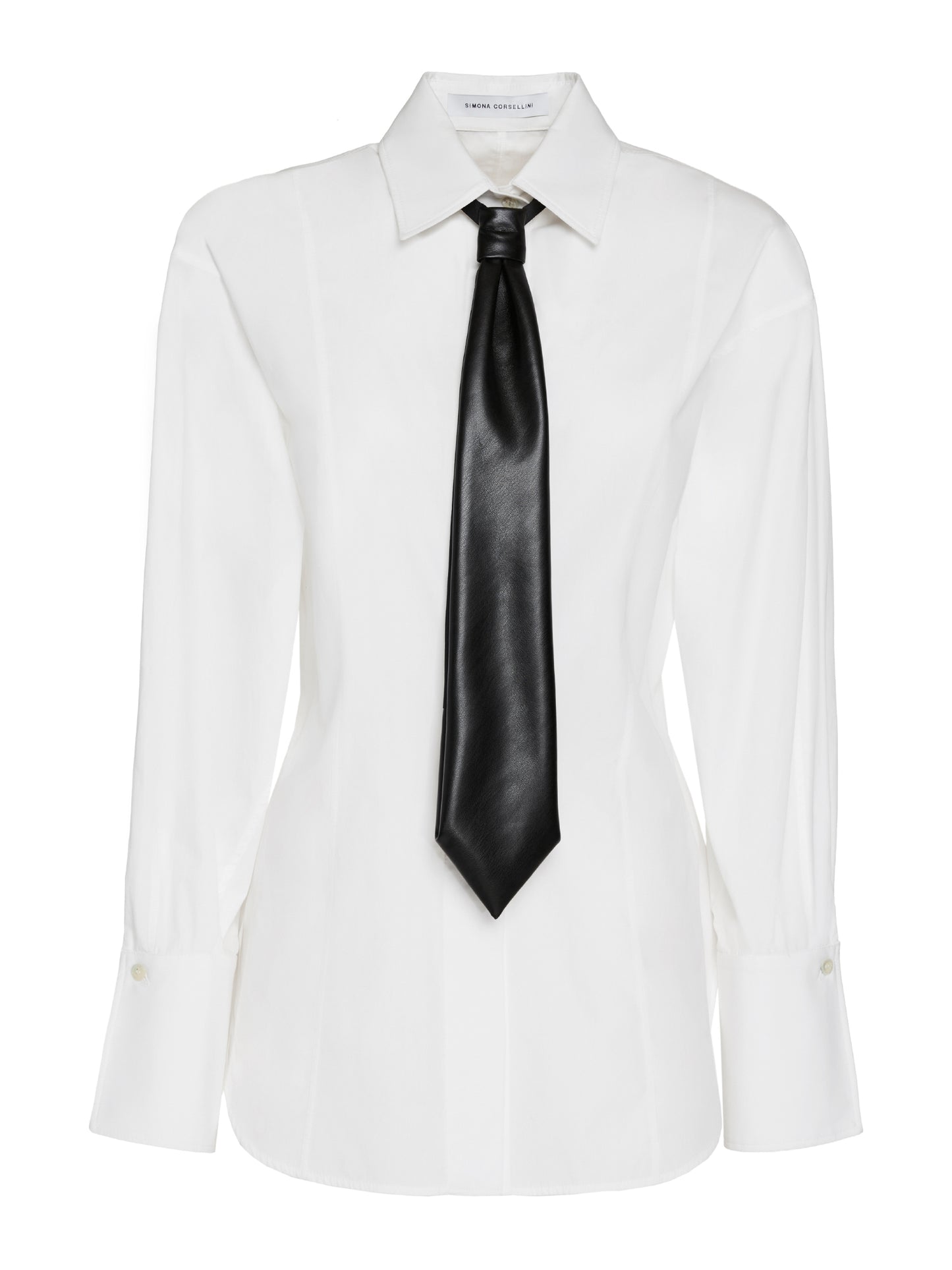 Fitted poplin shirt with vegan leather tie
