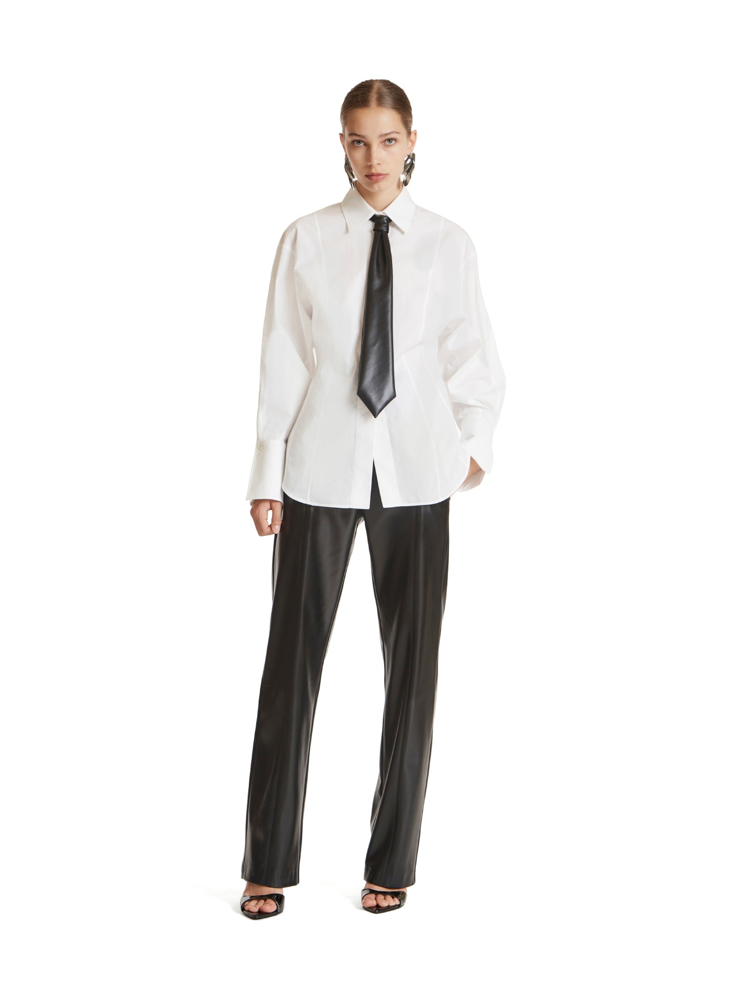 Fitted poplin shirt with vegan leather tie