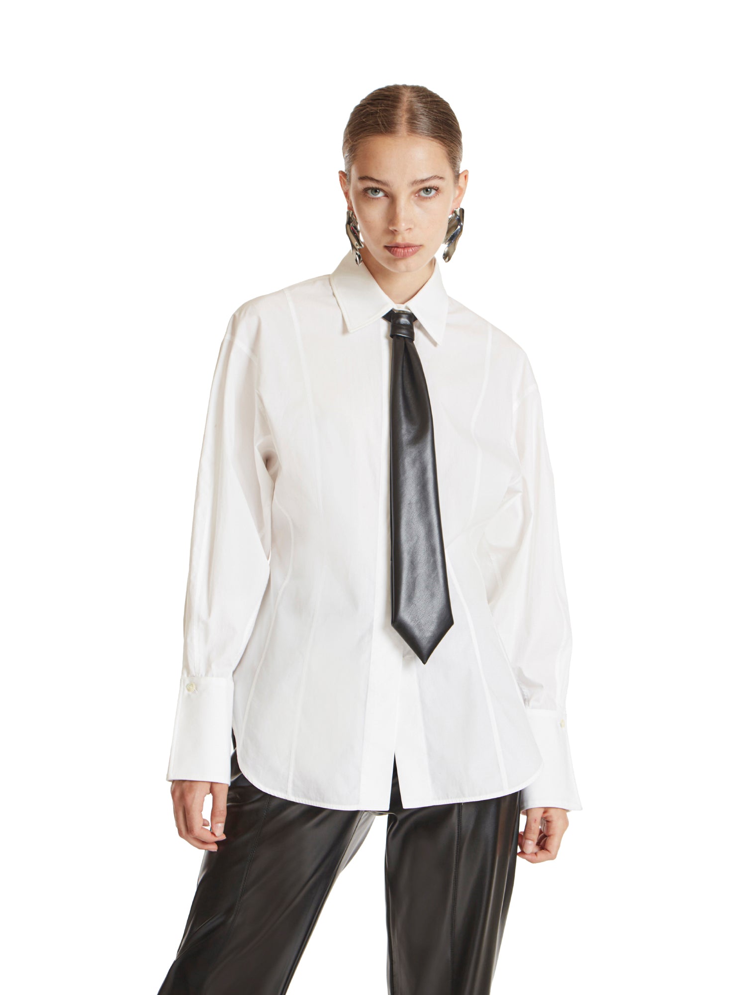 Fitted poplin shirt with vegan leather tie