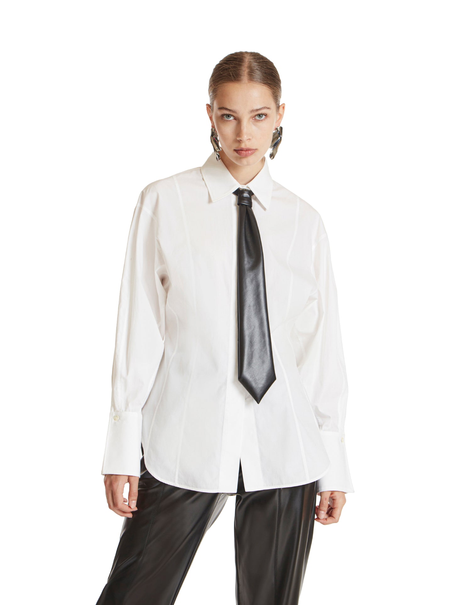 Fitted poplin shirt with vegan leather tie