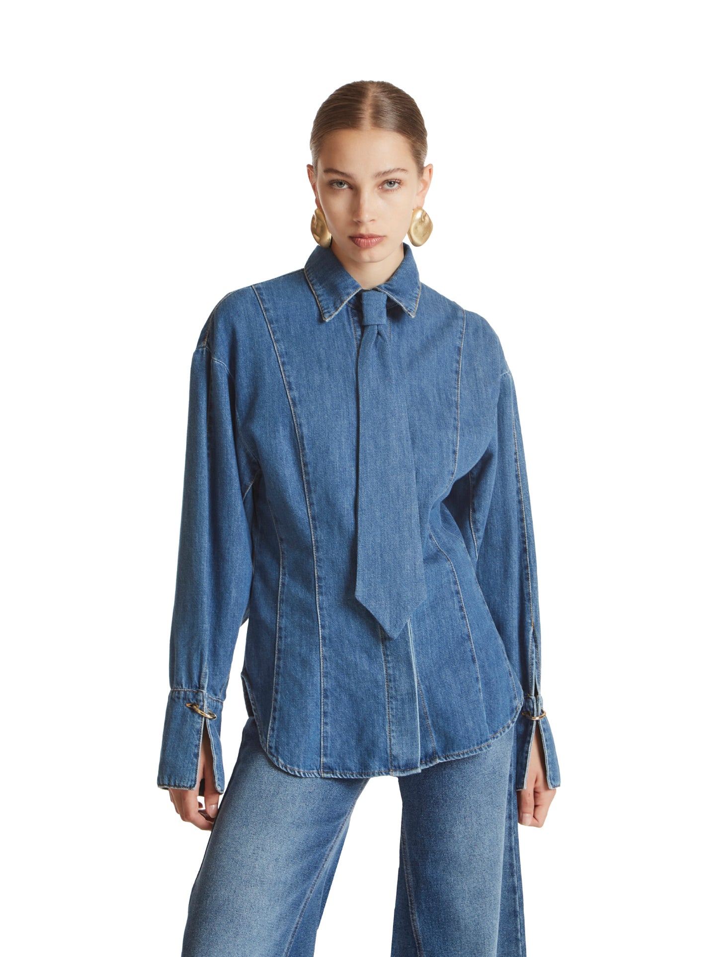 Tailored denim shirt with tie