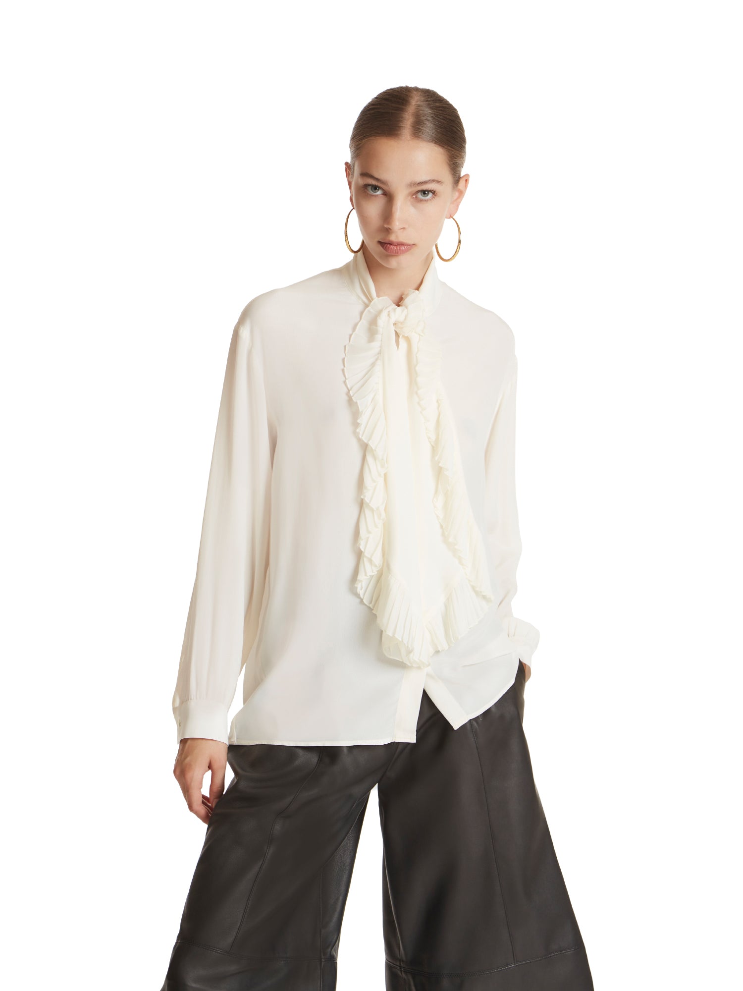 Silk viscose shirt with pleated ruffle scarf detail
