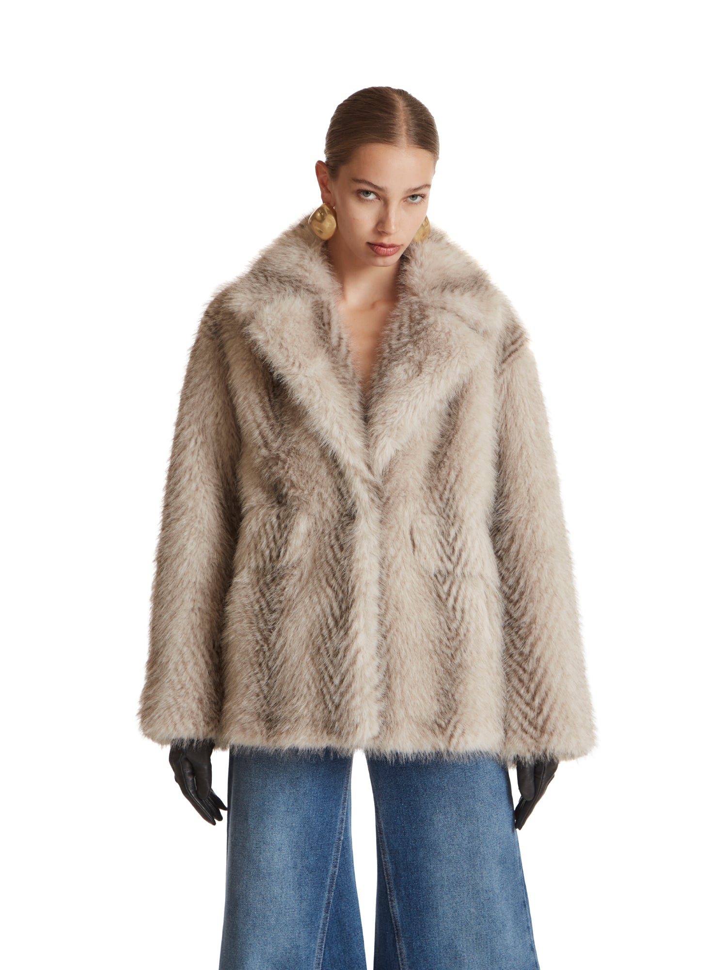 Herringbone eco-fur peacoat