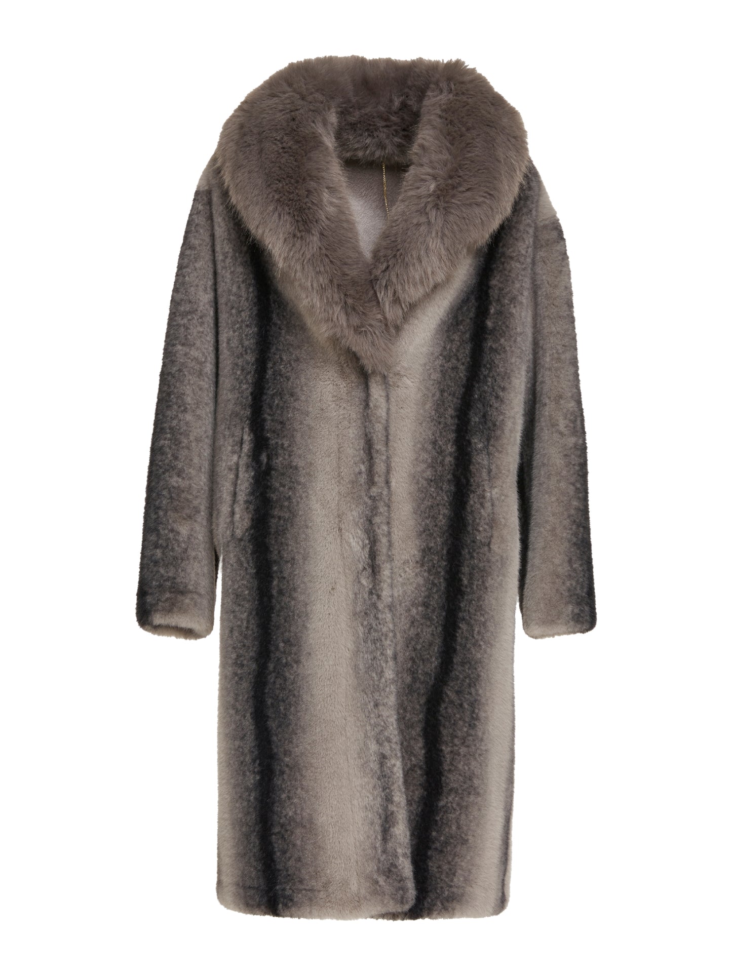 Striped coat with shawl collar in eco-fur