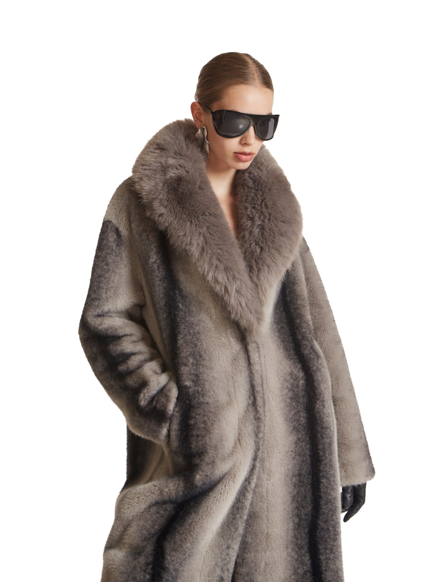 Striped coat with shawl collar in eco-fur
